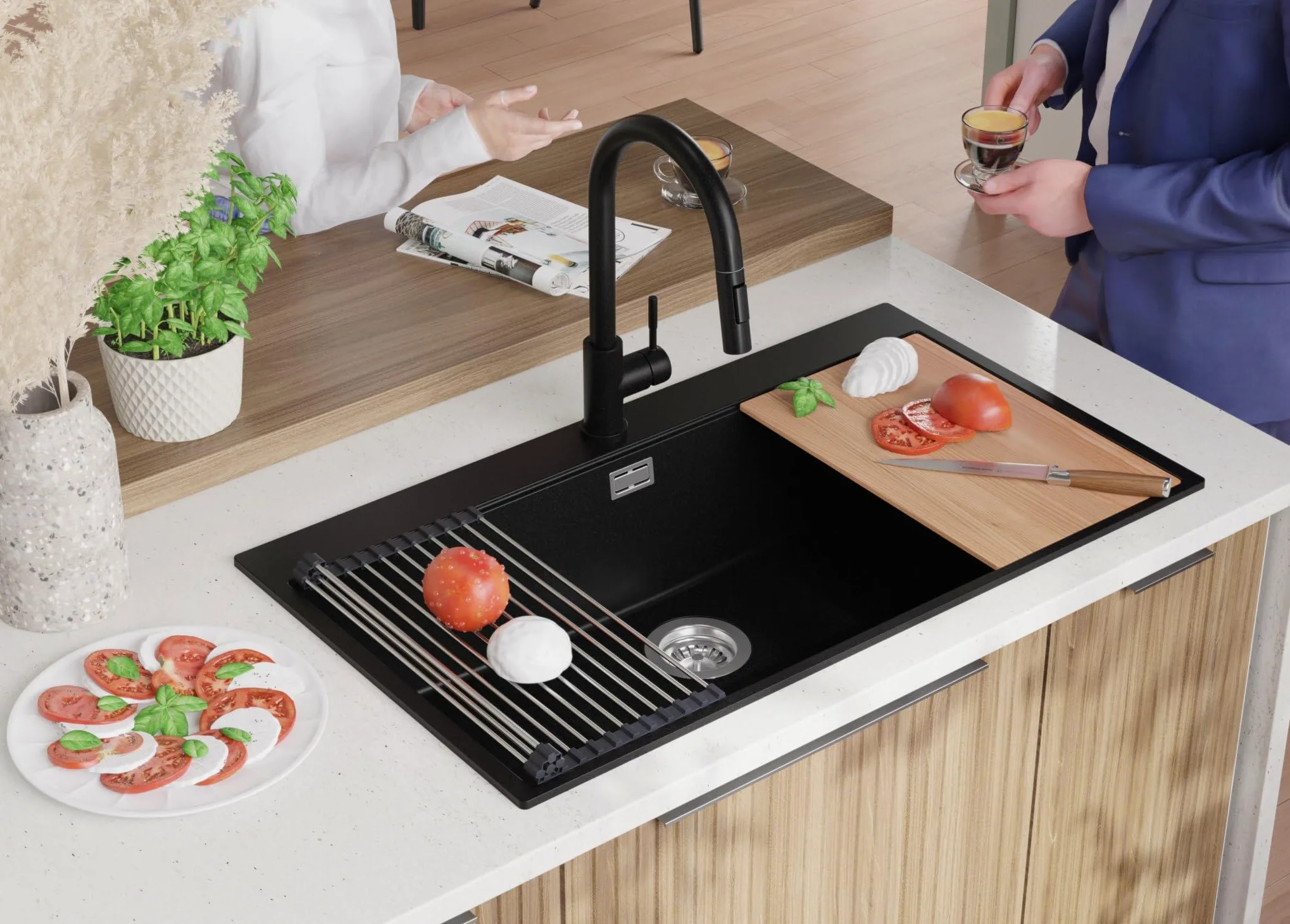 PRIMAGRAN Lavello Angolare Nero 88x50cm, Lavandino in Granito a 1 vasca + Sifone Classico + Tagliere, Lavabo da Cucina Incasso al Mobile 90cm - Oslo 90 Top S705