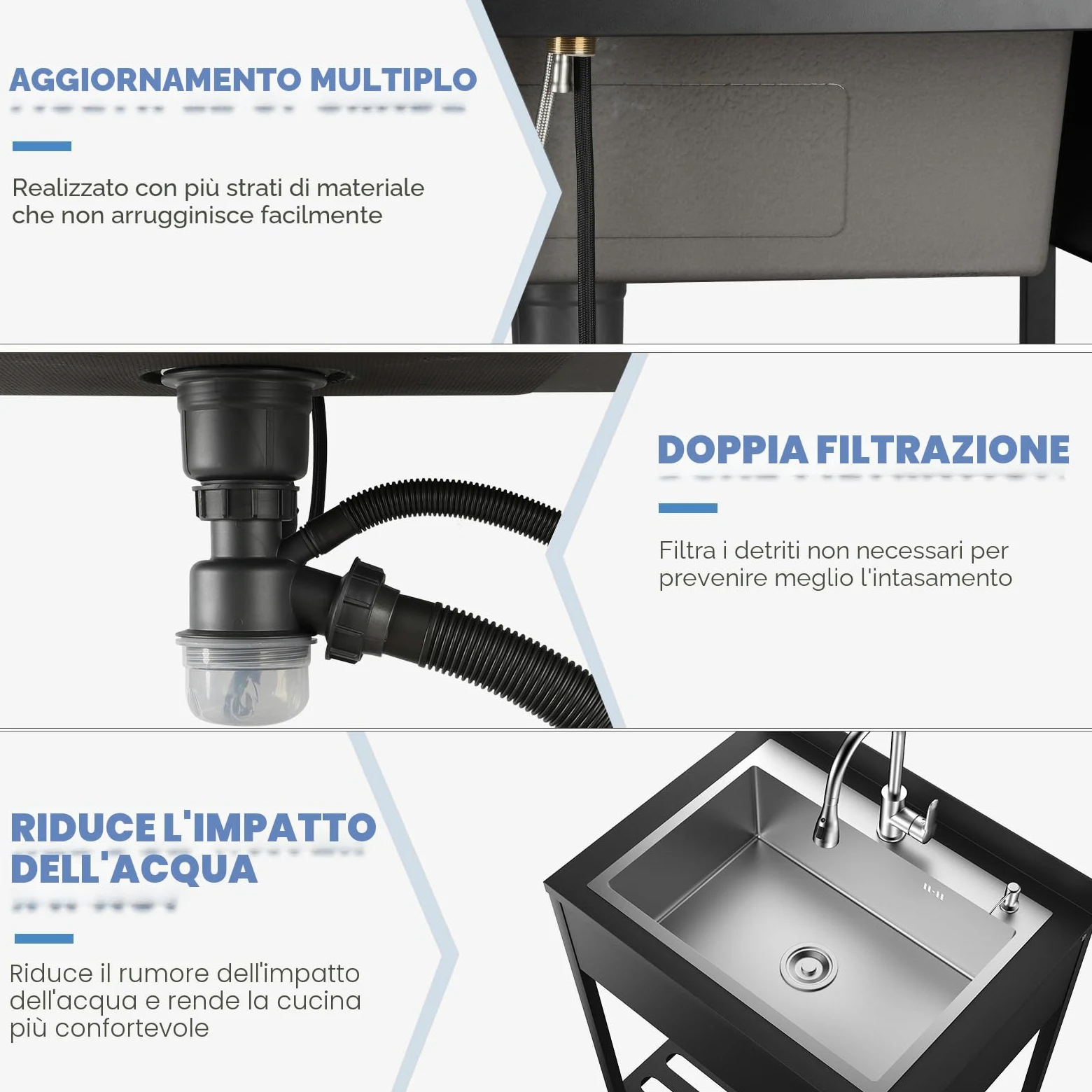 Lavandino autoportante in acciaio inox per esterni, lavello da cucina con scolapiatti e rubinetto estraibile e tubi dell'acqua calda e fredda, Kitchen Sink lavandino a mano per cucina, garage
