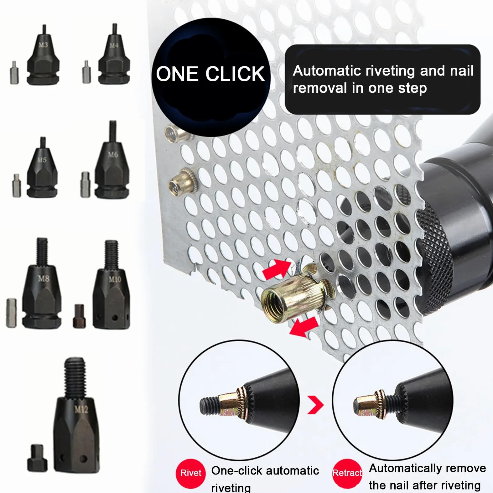 Pistole per Rivetti Senza Fili, Pistola rivettatrice elettrica Senza spazzole con Luce LED, per Dadi M3/M4/M5/M6/M8/M10/M12,per Rivetti, Inserti Filettati,2200mAh