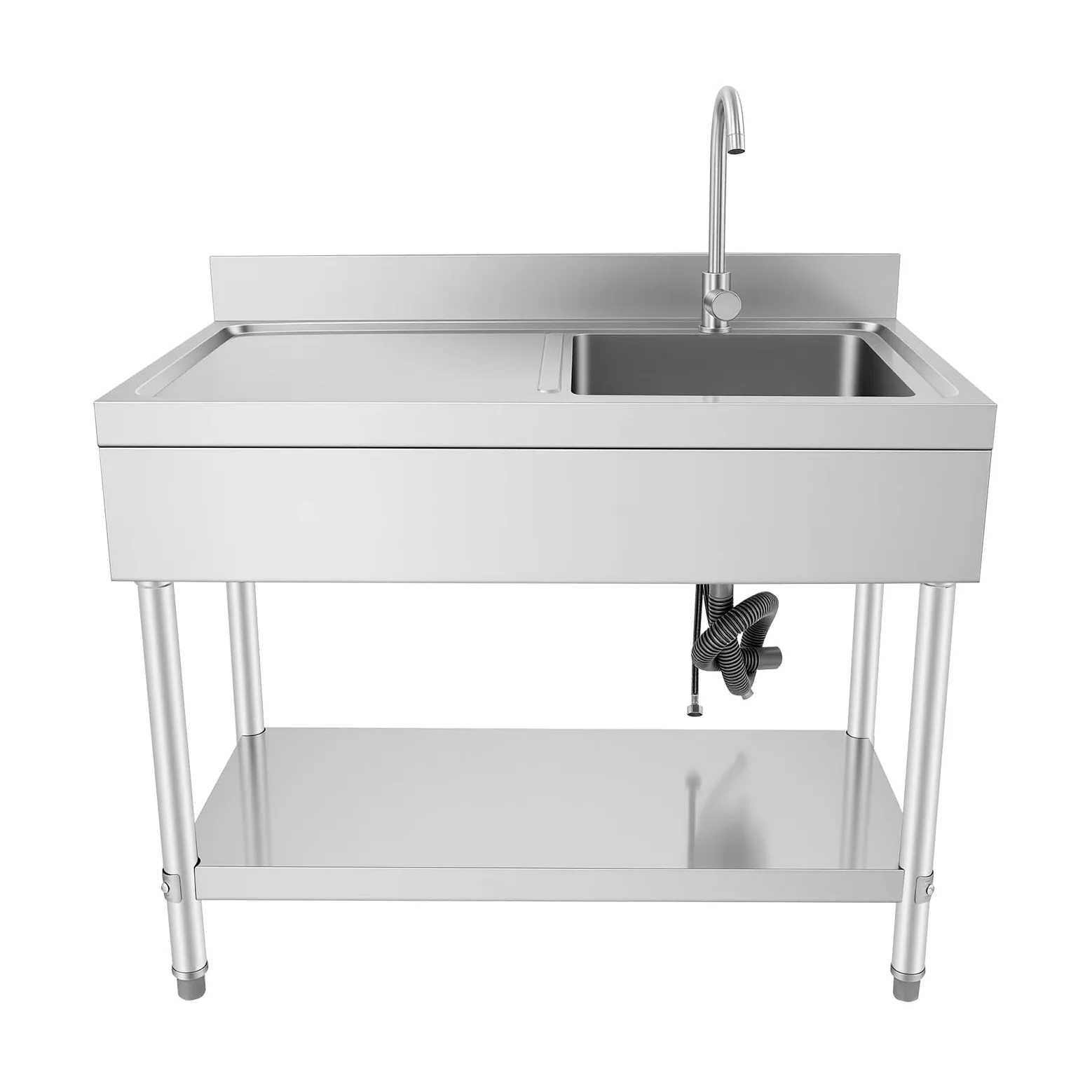 Lavelli da cucina commerciali 100 x 60 x 80 cm, in acciaio inox con capacità di carico 300 kg. Lavello in acciaio inox spazzolato con 1 vasca (a destra) con rubinetto, tubo di scarico, filtro per