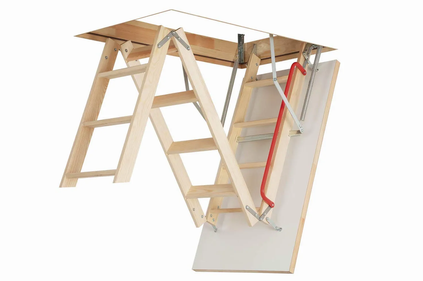 Scala pieghevole in legno per mansarda e soffitta, dimensioni del telaio: larghezza 70 cm x lunghezza 111 cm altezza fino a 280 cm e portello isolato