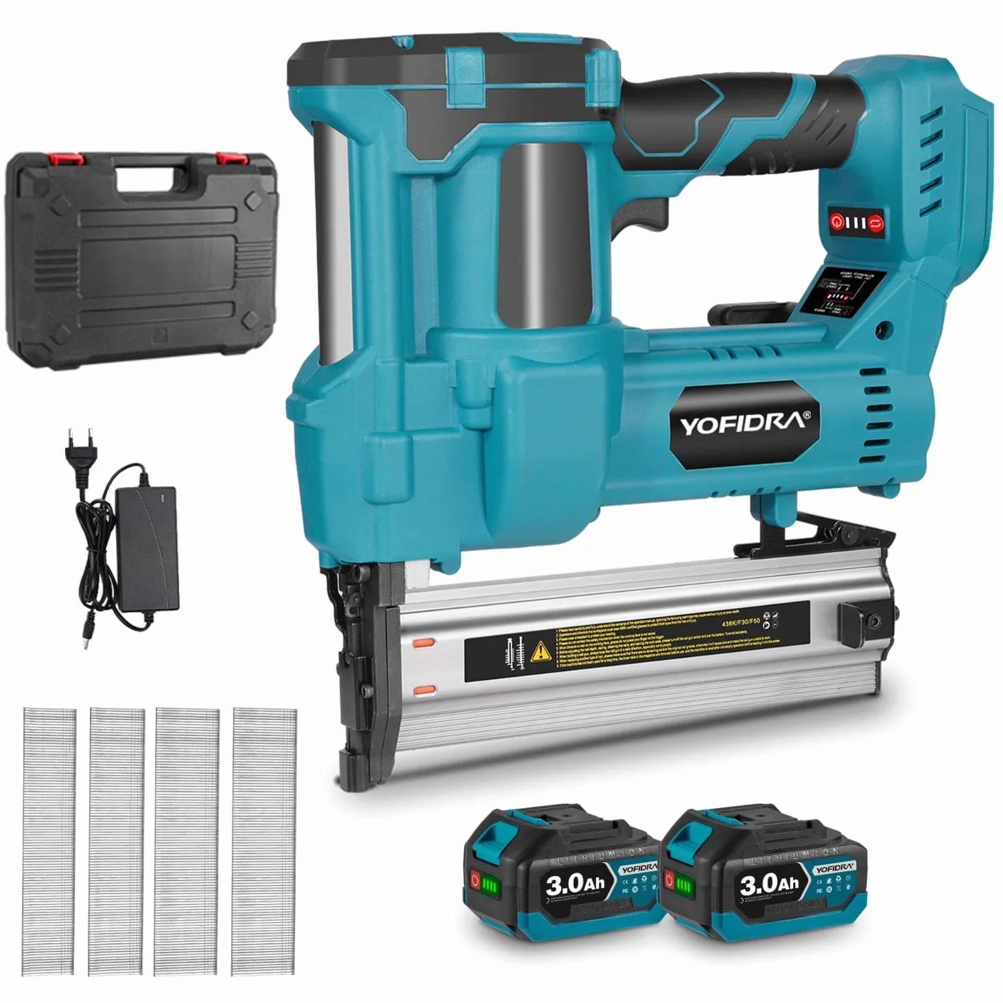 YOFIDRA 2 in 1 pistola chiodatrice a batteria - 20V sparachiodi elettrica con batteria 2x3,0Ah, impostazione della profondità, luce LED, tra cui 300 Brad-Nagel e 100 staffe, graffettatrice per legno