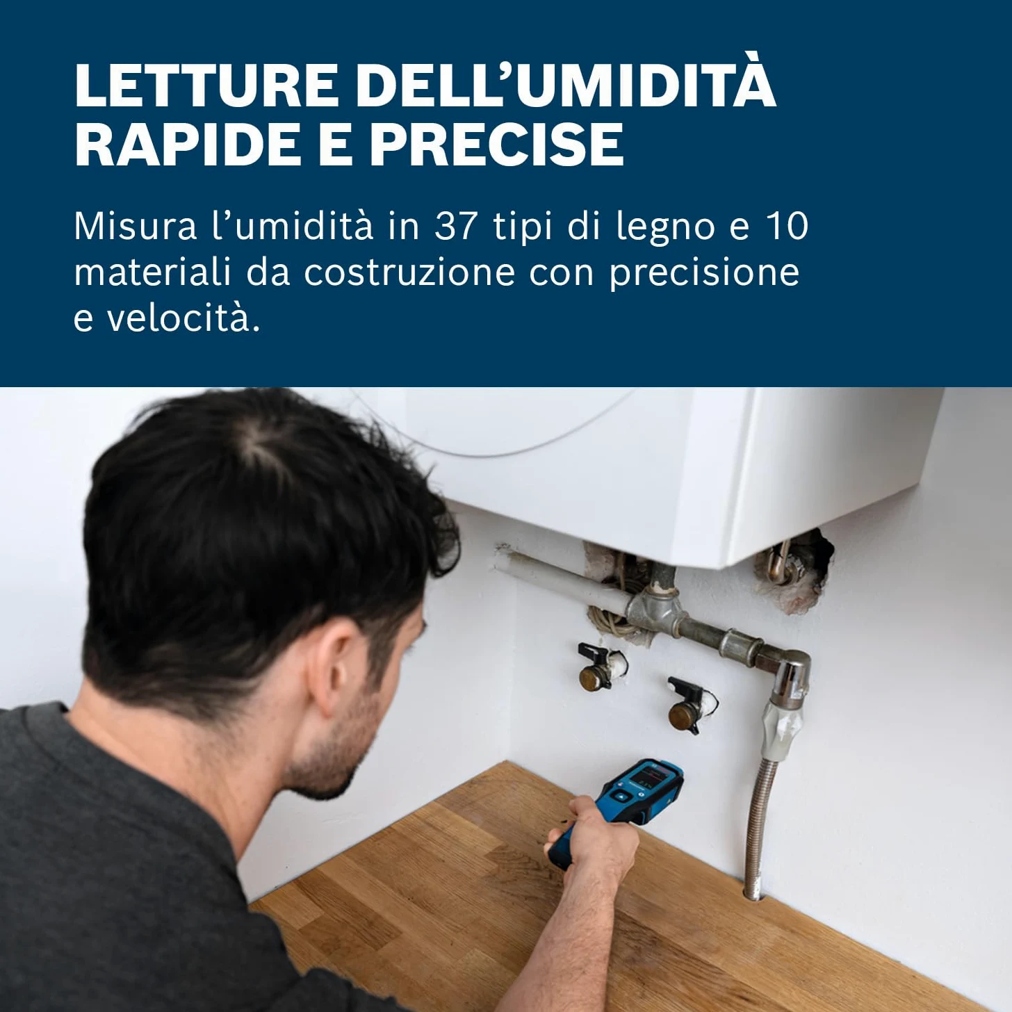 Bosch Professional Igrometro GMP 1-13 (con pin di misurazione, misura 37 tipi di legno e 10 materiali da costruzione, protezione IP65, LCD ad alto contrasto, 2 batterie AA, custodia)