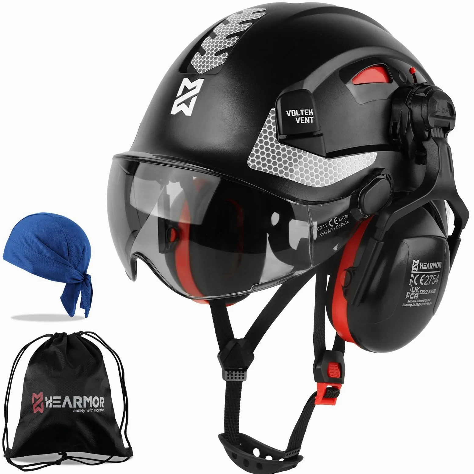 HEARMOR Casco protettivo 3 in 1 con protezione dell'udito e visiera, casco da lavoro certificato EN 397 per lavori di foresta, costruzione e arrampicata, con tasca portatile e inserto rinfrescante per