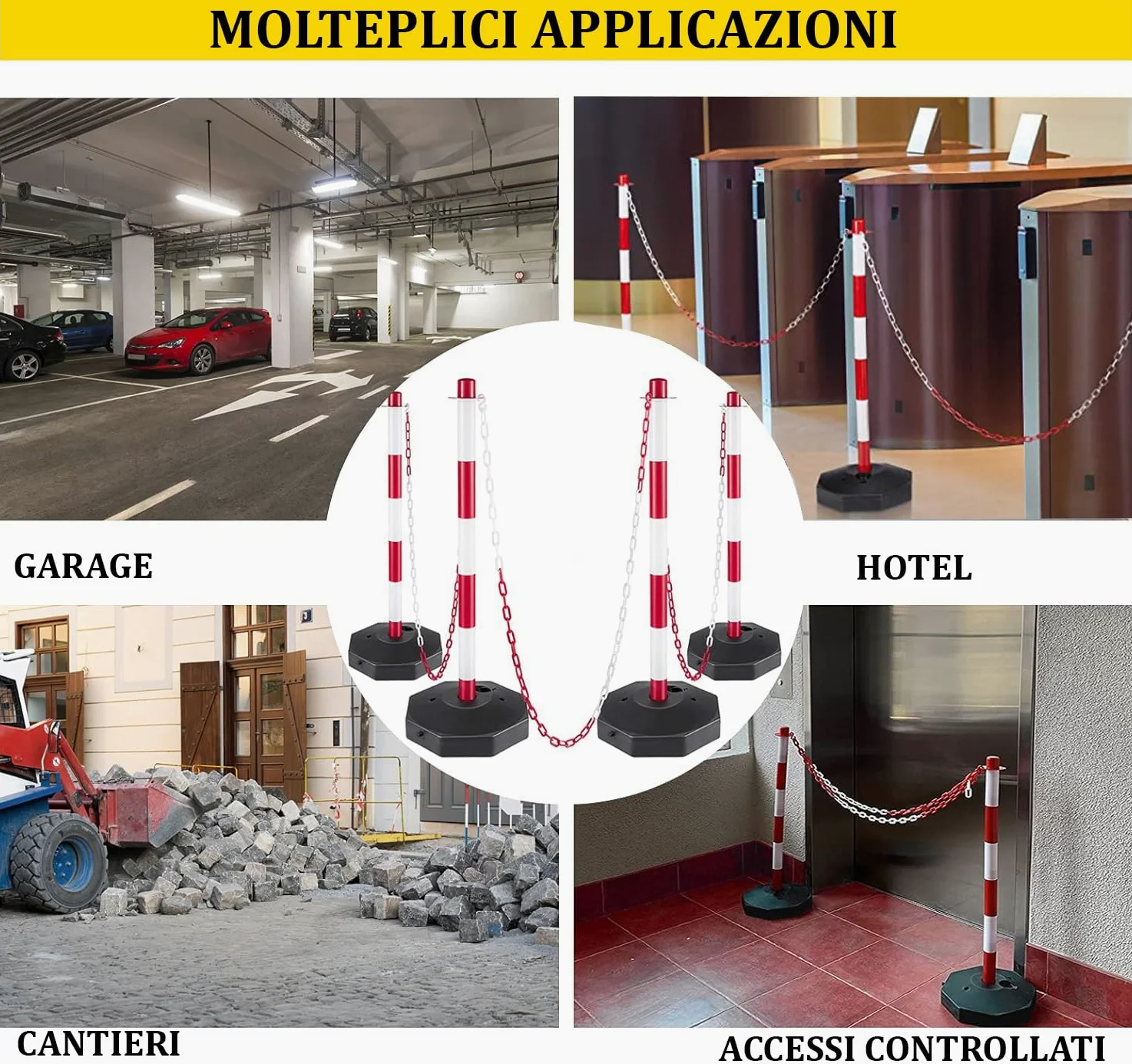 DMS- SET 10 PALETTI SEGNALETICI/PARCHEGGIO + CATENA DA 15 MT + 18 GANCI AD ESSE