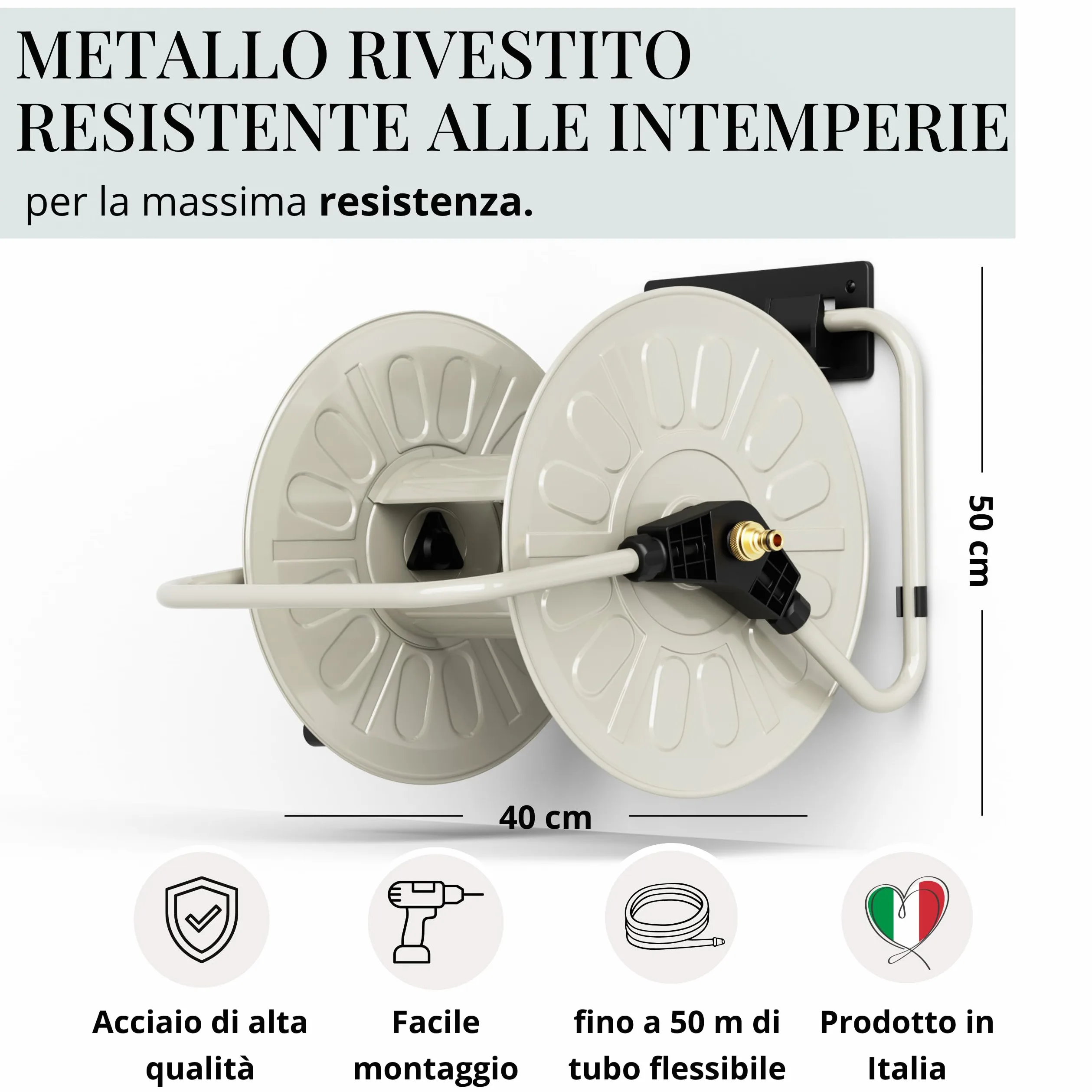 LIVLIG - Avvolgitubo in metallo, fino a 50 metri, tubo da giardino, 1/2", supporto per tubo da giardino, per montaggio a parete, Greige