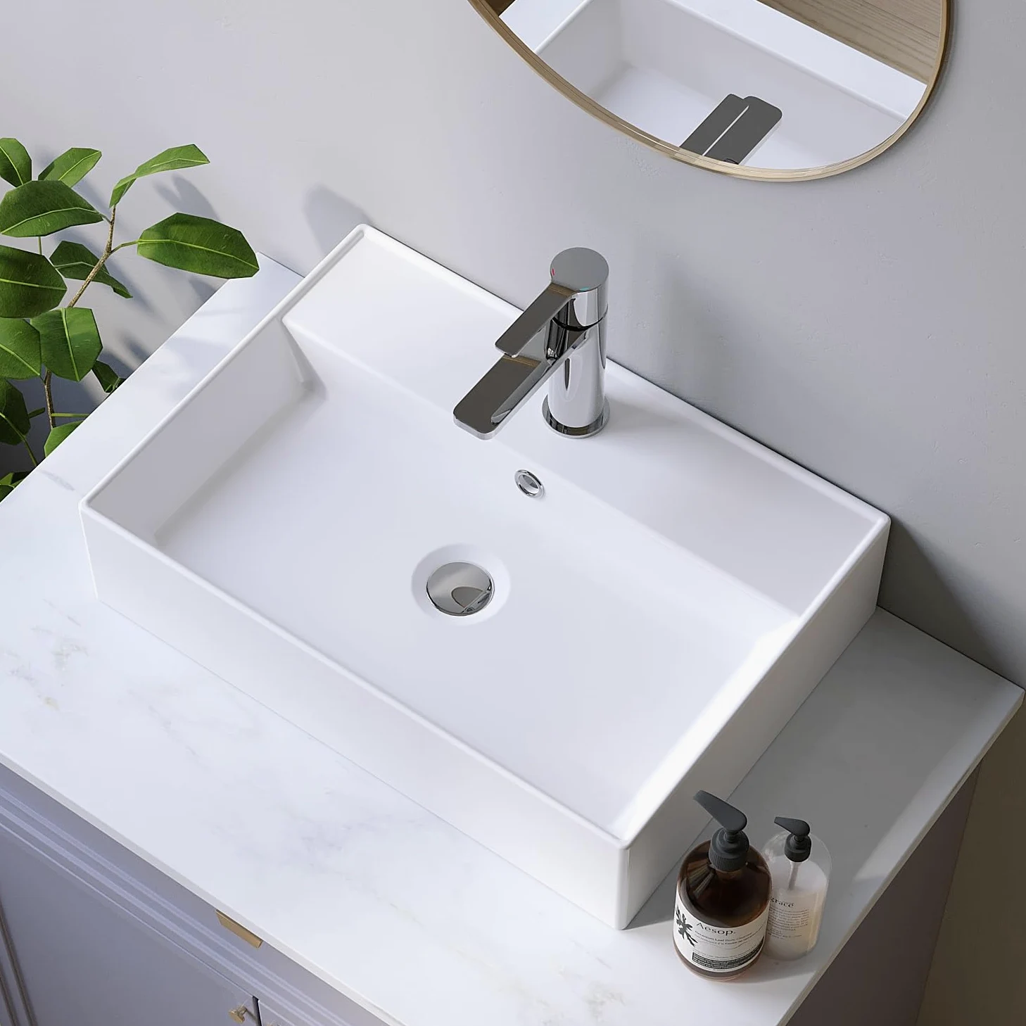 Lavabi in ceramica angolare 50 x 35 cm, lavabo a incasso per mobile da bagno, lavabo per bagno degli ospiti, sospeso, lavabo a parete, bianco, con foro per rubinetto, troppopieno, viti di fissaggio