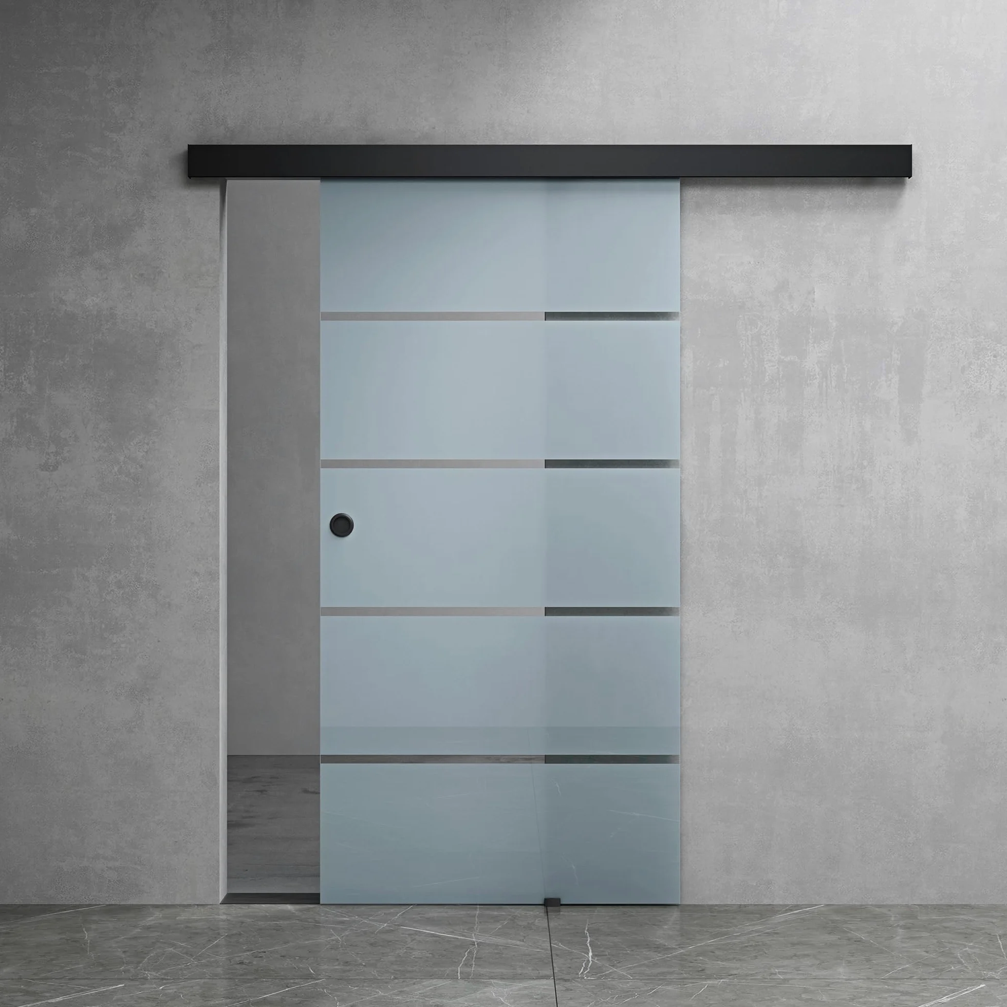 Mai & Mai Porta Scorrevole in Vetro 102.5x215cm, Porta Scorrevole in Vetro Satinato 8mm in 5 Strisce con Binario e Maniglia Rotonda per Bagno Cucina Studio Ufficio, Nero, Amalfi-plus 11H