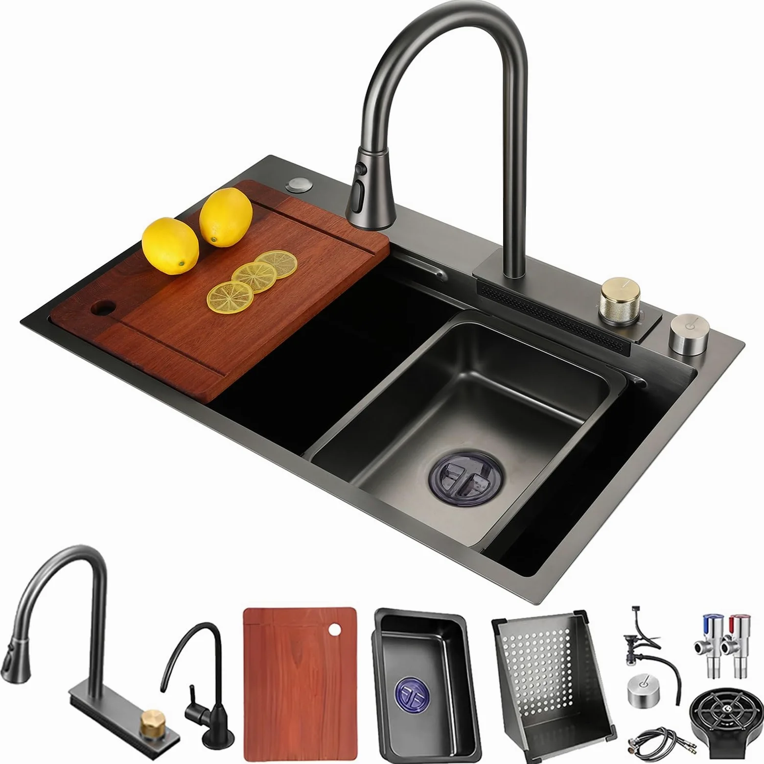 Lavello da cucina nero in acciaio inox - Stazione di lavoro multifunzione con rubinetto a cascata estraibile, lavastoviglie ad alta pressione, tagliere, sifone