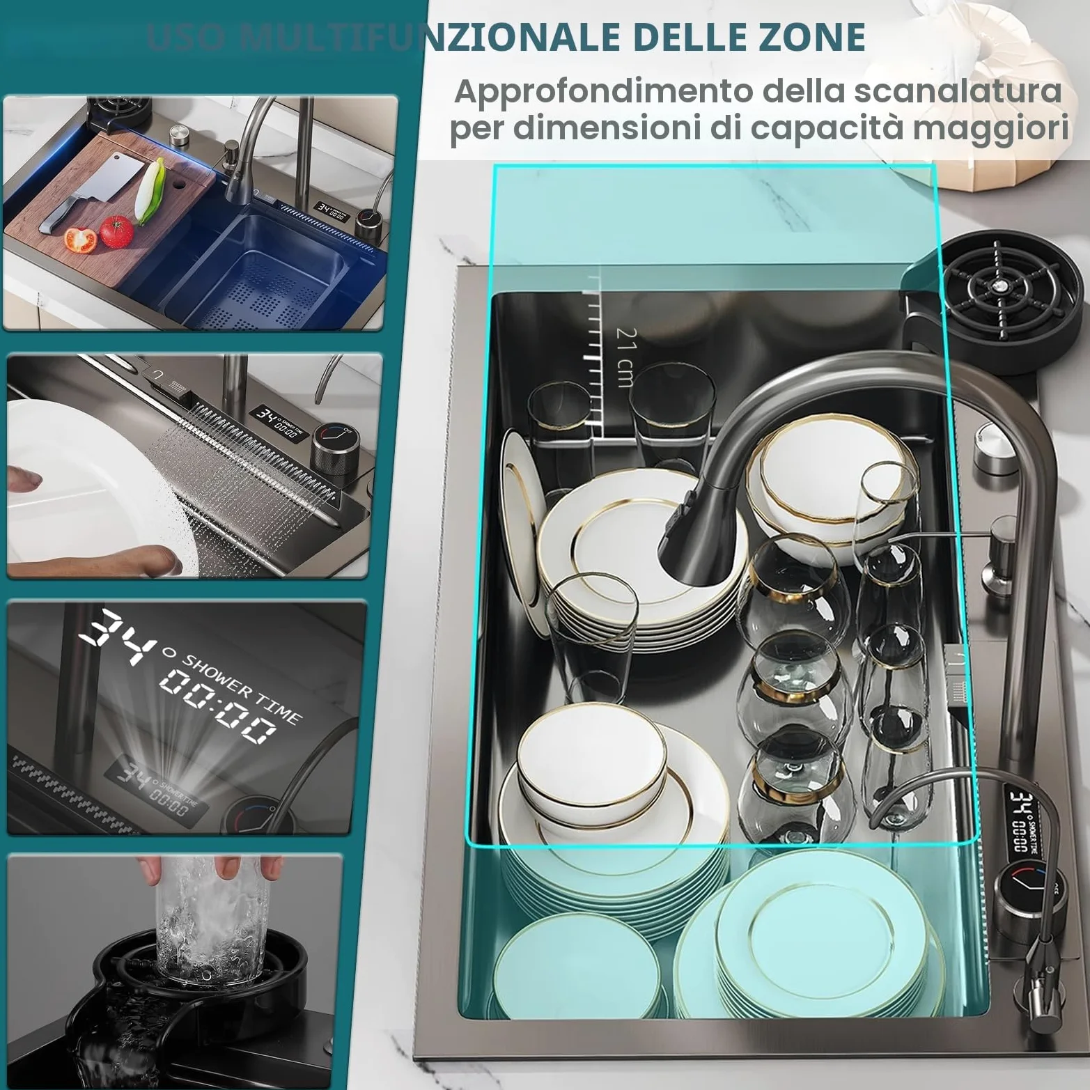 Lavandino Cucina Nero Antracite 85 x 50 cm,Lavello Cucina 1 vasca con LED rubinetto estraibile,Multifunzione Cucina in acciaio inox,Lavabo Cucina con Sifone Antiodore e Kit Scarico Completo