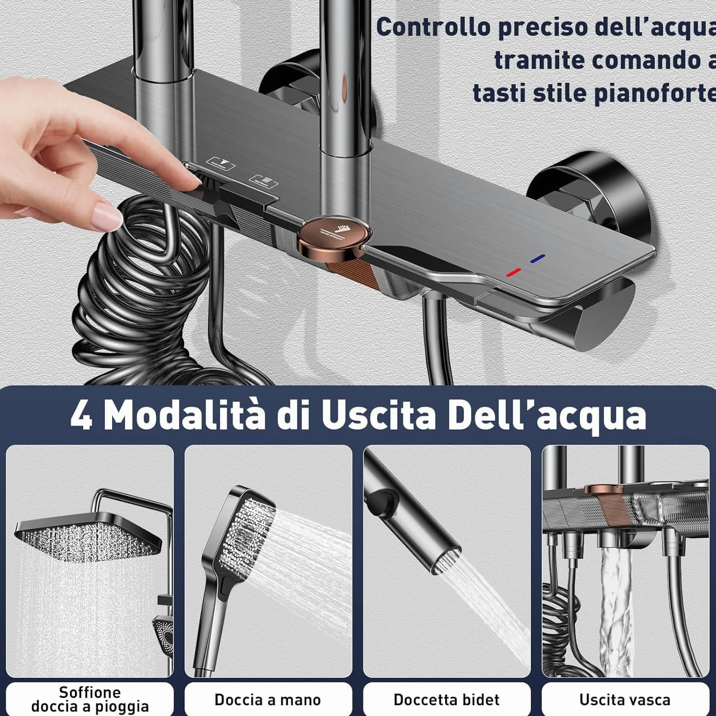 Colonna Doccia con Miscelatore, Set Doccia Soffione e Doccetta a Man, Pannello Comando Piano 4 Funzioni, Asta Saliscendi Altezza Regolabile, Corpo in Ottone Massiccio e Vetro Temperato-Grigio