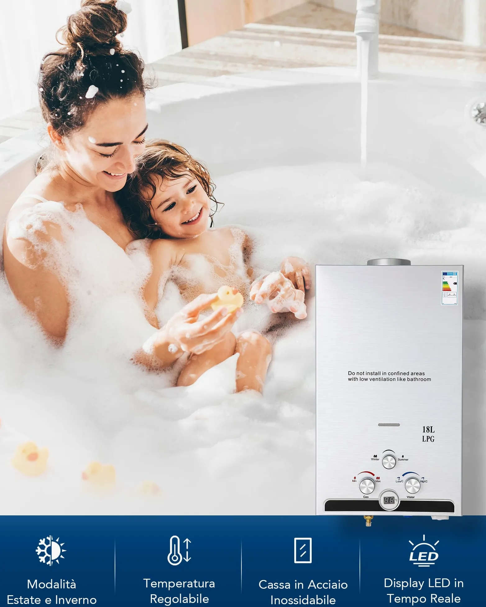 CO-Z 18L Scaldabagno a Gas GPL con Modalità Inverno ed Estate Caldaia a Gas GPL da 30.6 kW a Parete senza Serbatoio Scaldacqua Istantaneo Automatico con Anima in Rame e Display a LED(18L)