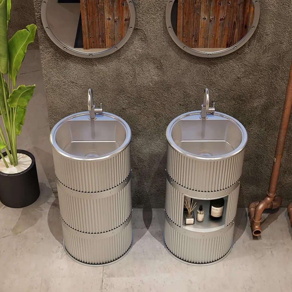 ZTGL Mobile da Bagno con Lavabo in Acciaio Inox, Lavandino a Colonna in Ferro Battuto Stile Industriale Mobile da Bagno, Lavandino su Piedistallo con Rubinetto e Scarico,Argento