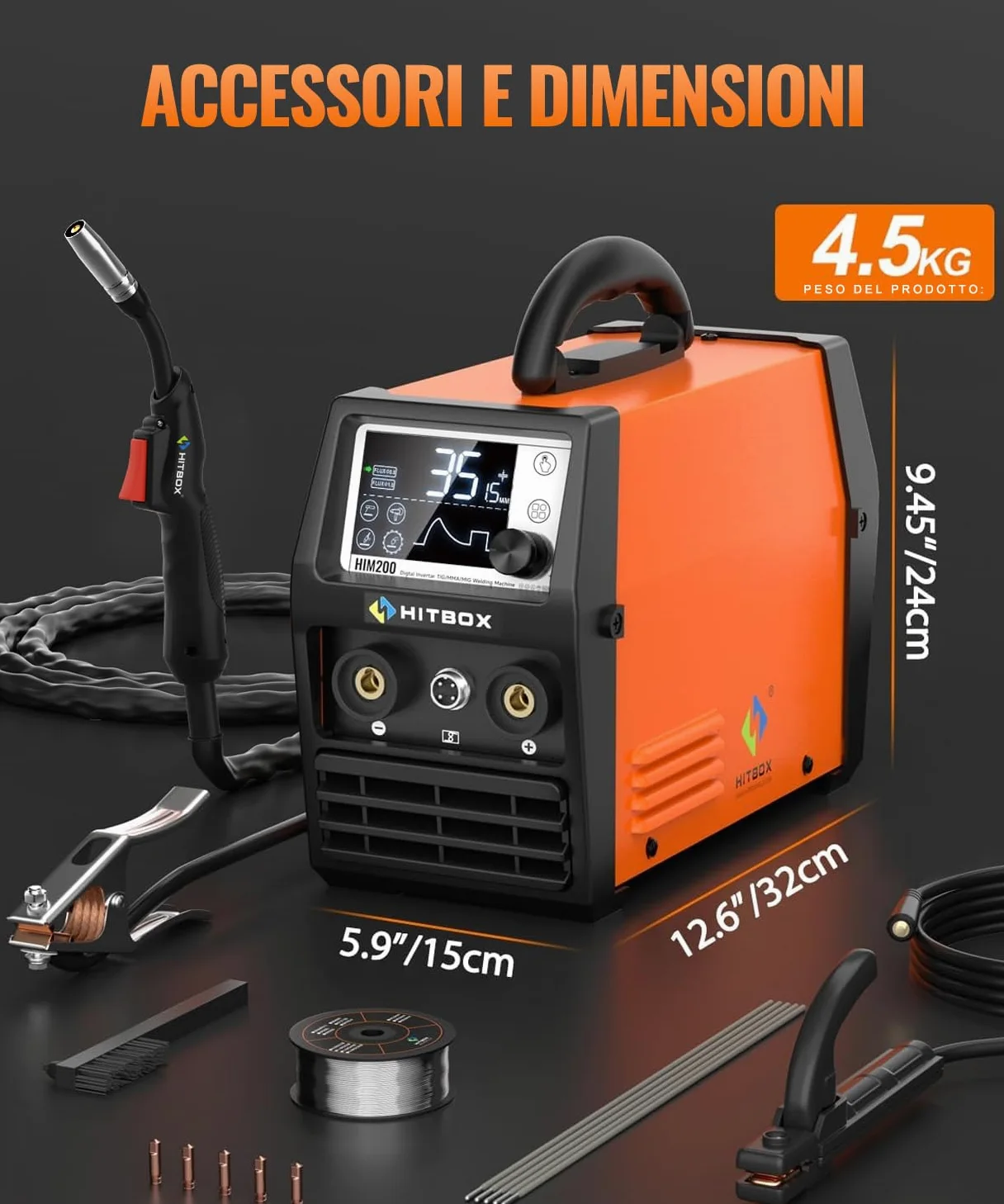 HITBOX Saldatrice a Filo 200A 4-in-1 Portatile - 230V MIG Senza Gas, ARC, LIFT TIG, Spool Gun, LED Display Digitale, Ideale per Principianti e Hobby(HIM200)