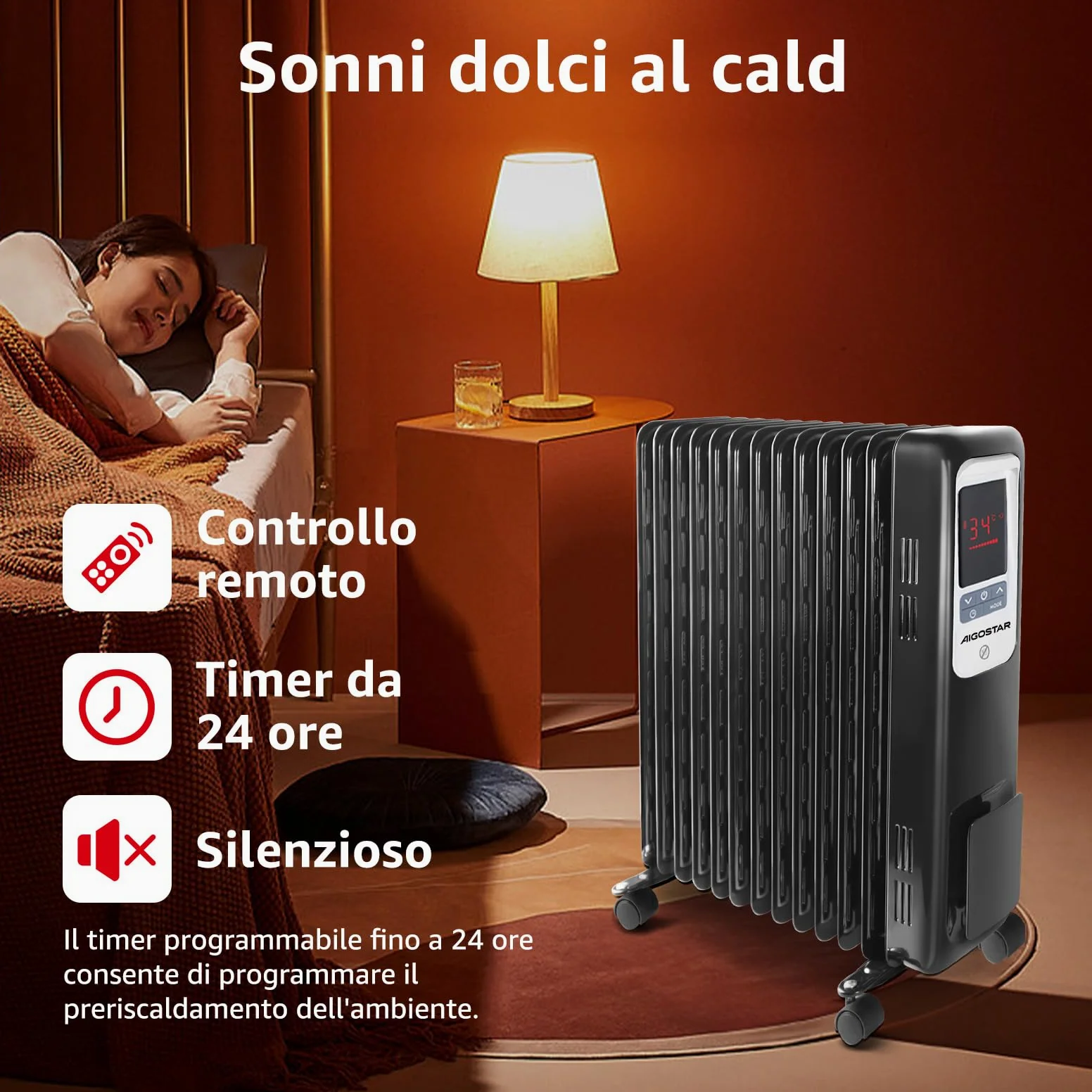 Aigostar Oil Monster 33JHH -Radiatore ad olio da 2500W. Radiatore elettrico 13 elementi con schermo a LED, Telecomando a distanza. Design esclusivo.