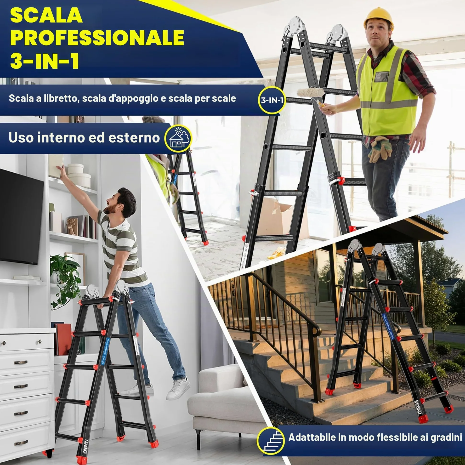 MASKO® Scala in alluminio Scala multiuso 5,10 m 4x5 pioli Scala telescopica ✓ Multifunzionale ✓ Pieghevole ✓ Singola ✓ Fissa ✓ Scala scorrevole ✓ Scaletta e bifacciale (5,10 m / 4x5 pioli nero/rosso)