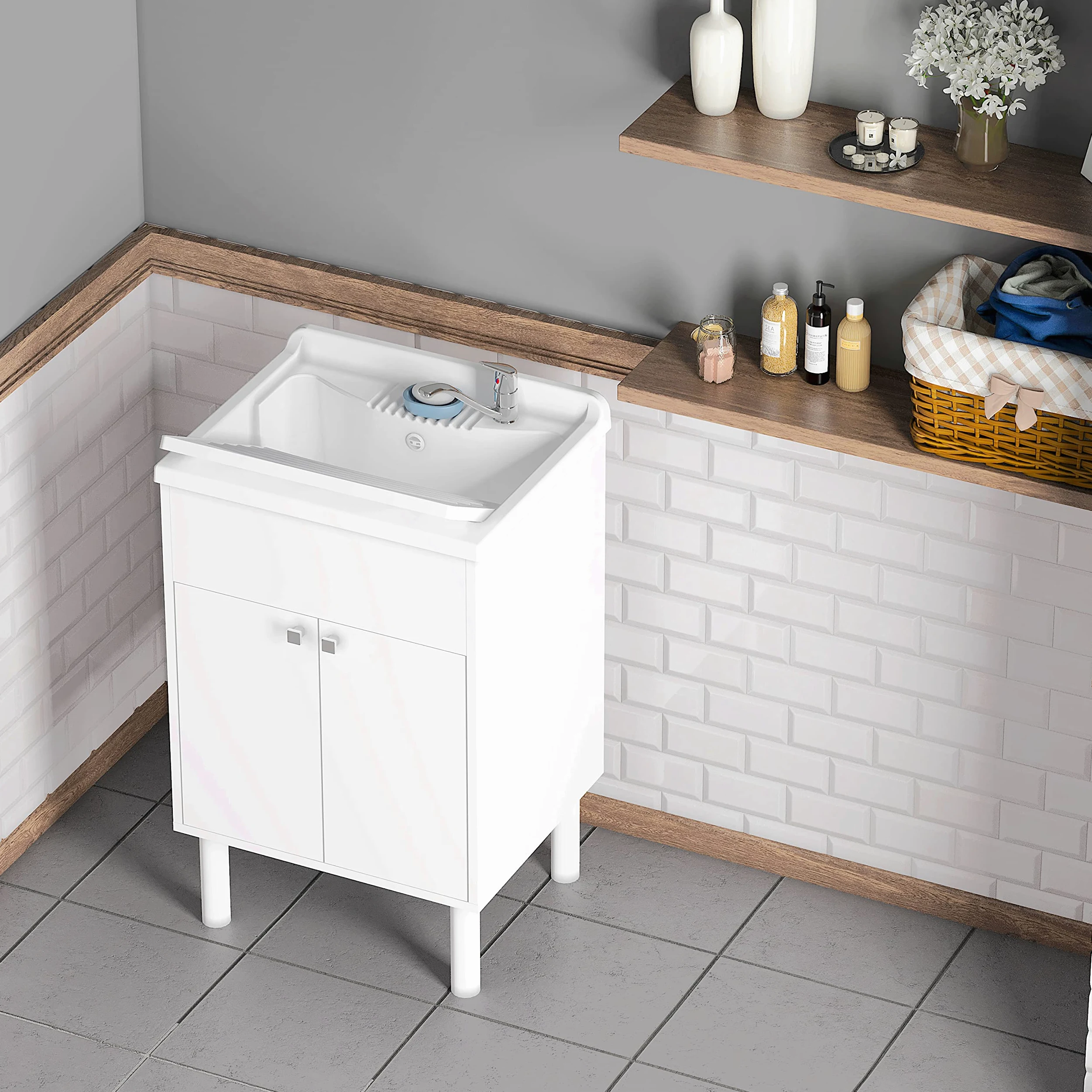 Negrari Lavatoio Lavapanni in resina, Resistente agli acidi di uso comune, Resistente all'umidità, Kit di scarico incluso, Interno e Esterno, L60 x P50 x H85 cm, Bianco