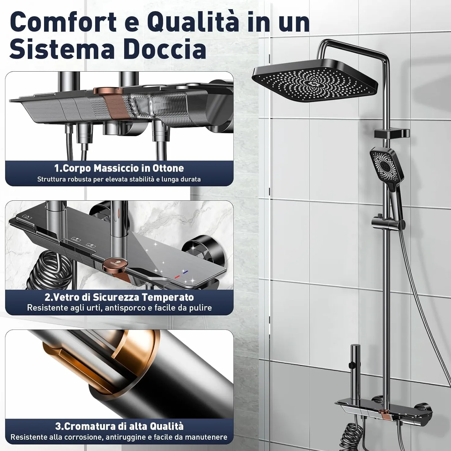 Colonna Doccia con Miscelatore, Set Doccia Soffione e Doccetta a Man, Pannello Comando Piano 4 Funzioni, Asta Saliscendi Altezza Regolabile, Corpo in Ottone Massiccio e Vetro Temperato-Grigio