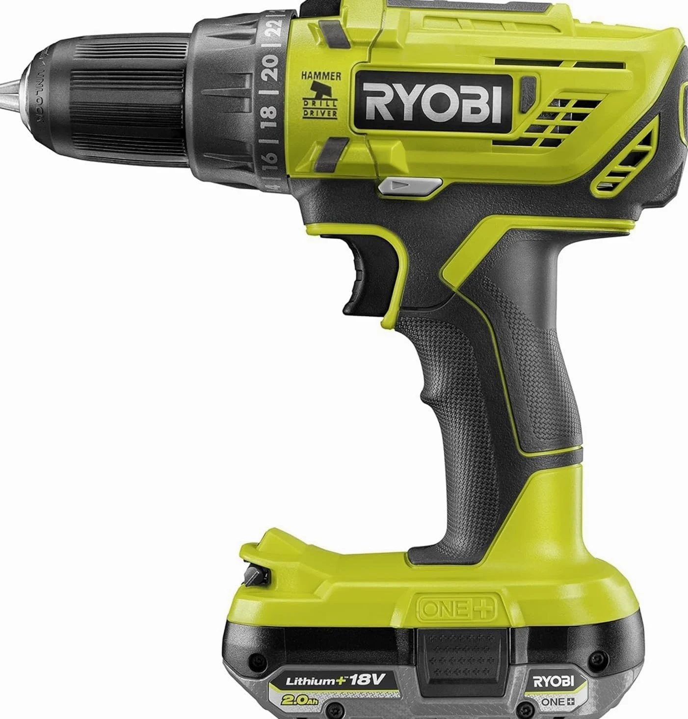 Ryobi R18PD32-1C20G, Trapano a Percussione a Batteria 18V ONE+, 2 Velocità, 24 Posizioni di Coppia, Ideale per Forare Legno e Muratura, Luce LED, 1 Batteria al Litio 2.0Ah e 1 Caricabatterie