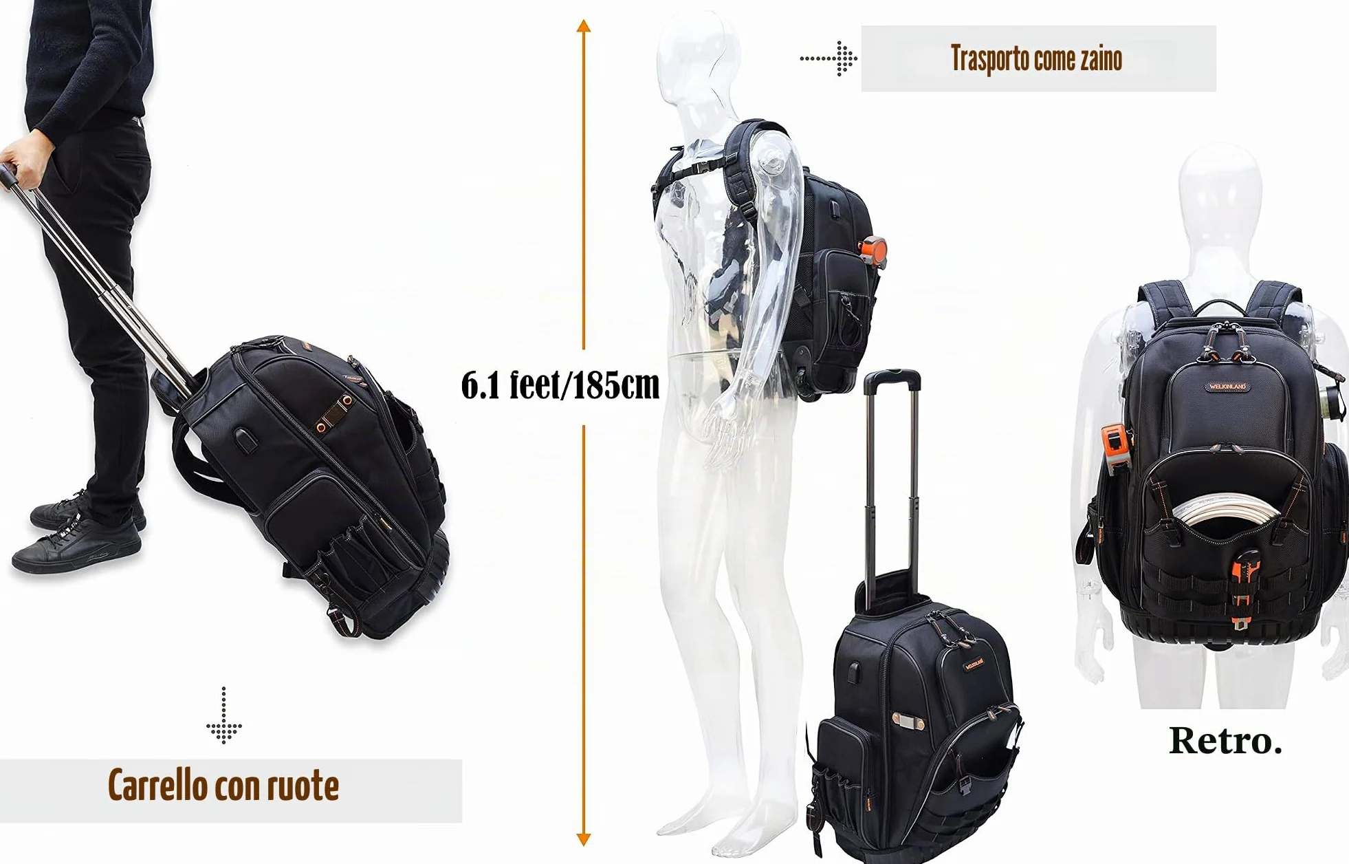 WELKINLAND Zaino porta attrezzi con 72 tasche e rotelle, Grande borsa porta attrezzi con ruote, Borsa porta attrezzi per elettricisti con rotelle per uomini