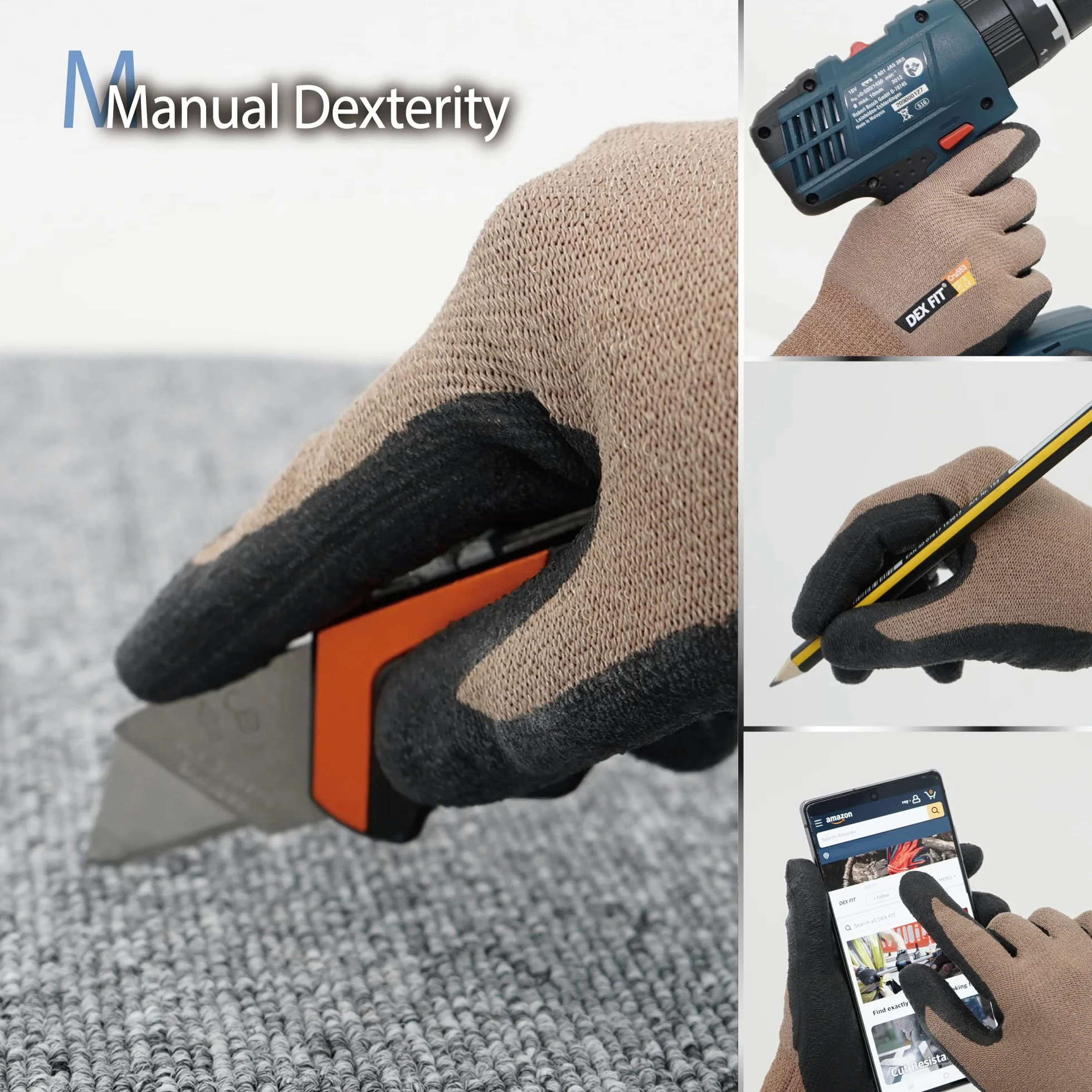 DEX FIT Cru553 Guanti Anti Taglio Livello 5-3D Fit, Presa Antiscivolo in Nitrile, Leggeri e Traspiranti, Resistenti, Touchscreen, Lavabili; Grigio 8 (M) 1 Paio