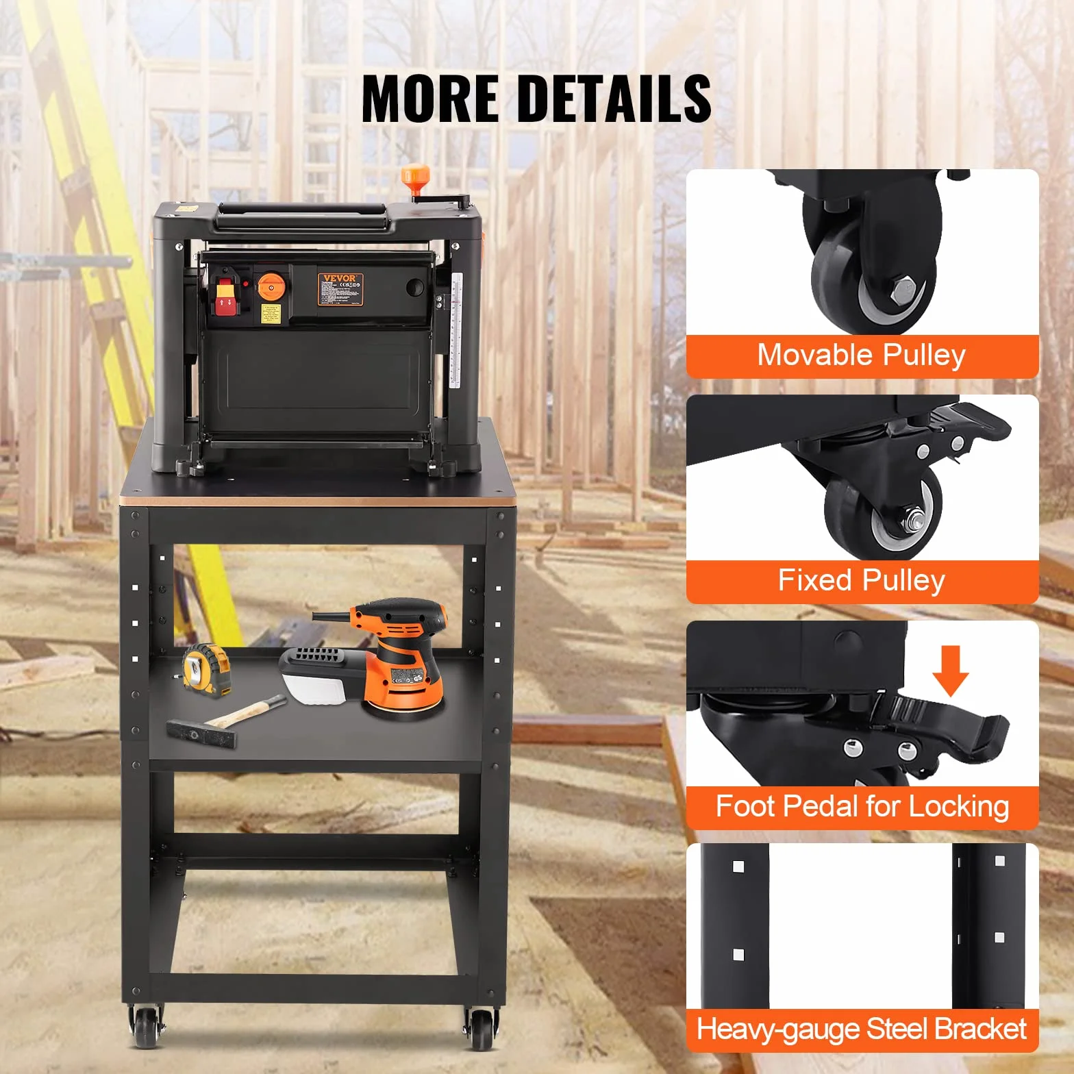 VEVOR Supporto per Pialla a Filo Spessore di Legno Capacità Carico Max. 45kg 4 Ruote, Supporto con Ripiano di Lavoro 3 Livelli 4 Rotelle per Pialla a Spessore Utensili di Falegname da Garage Officina