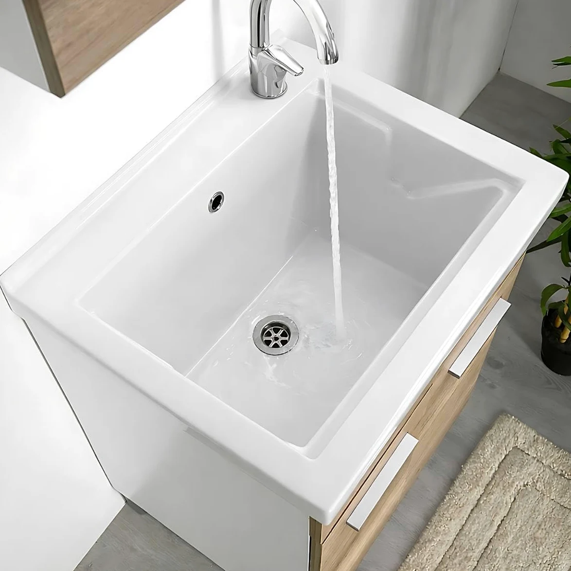 LAVATOIO PILOZZO RENO CERAMICA 60 x 50 TUTTA VASCA PER TOP O MOBILE DA INCASSO O INSTALLAZIONE CON STAFFE ANCHE IN ESTERNO INCLUSO DI PILETTA IN ACCIAIO E SIFONE (DX Foro Rubinetteria)