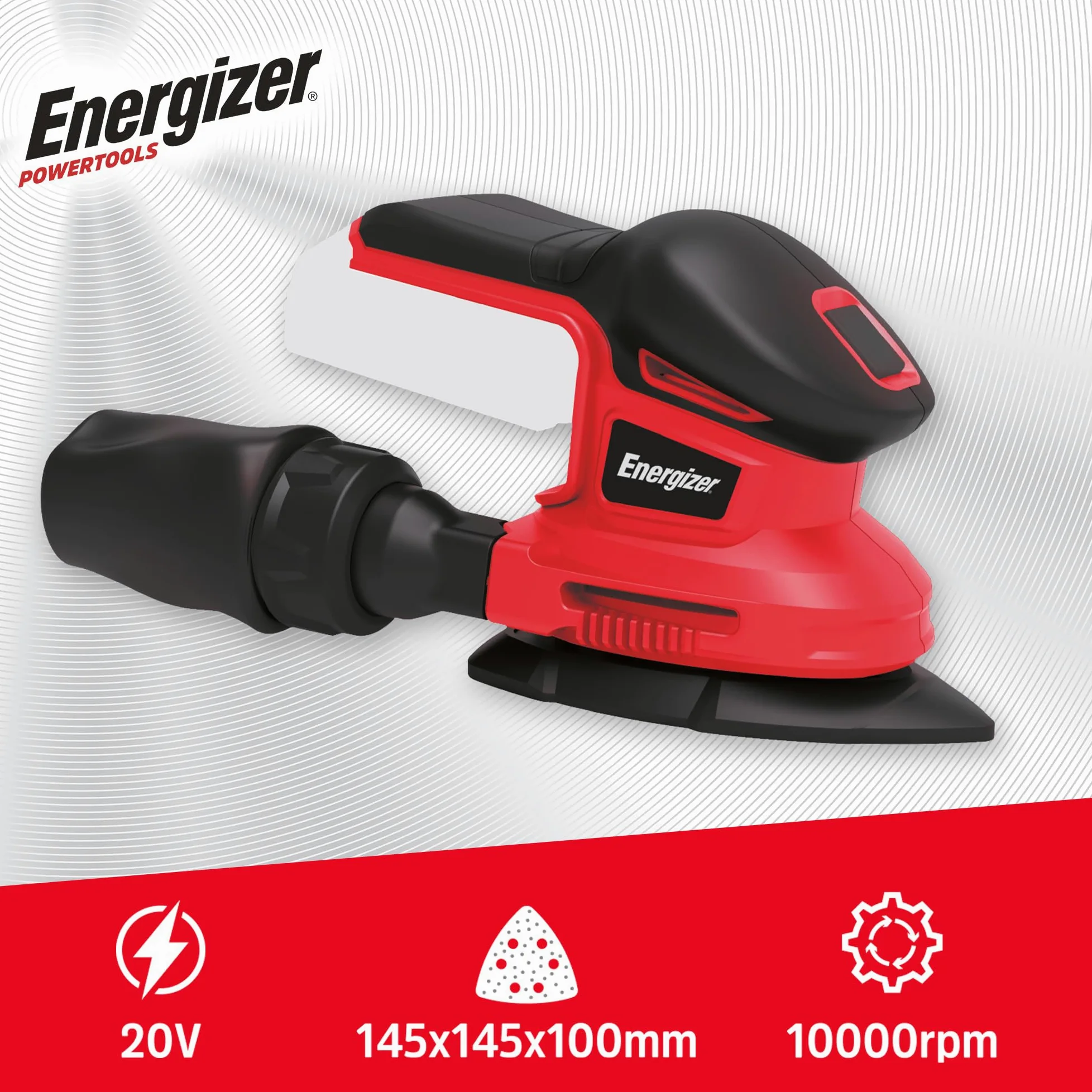 Energizer - Levigatrice Orbitale Multifunzione Triangolare Senza Fili 20V con Batterie Incluse – 10000 OPM, Sacchetto Aspirapolvere, 10 Fogli Abrasivi Inclusi (P60/80/120), Ideale per Finiture e Fa