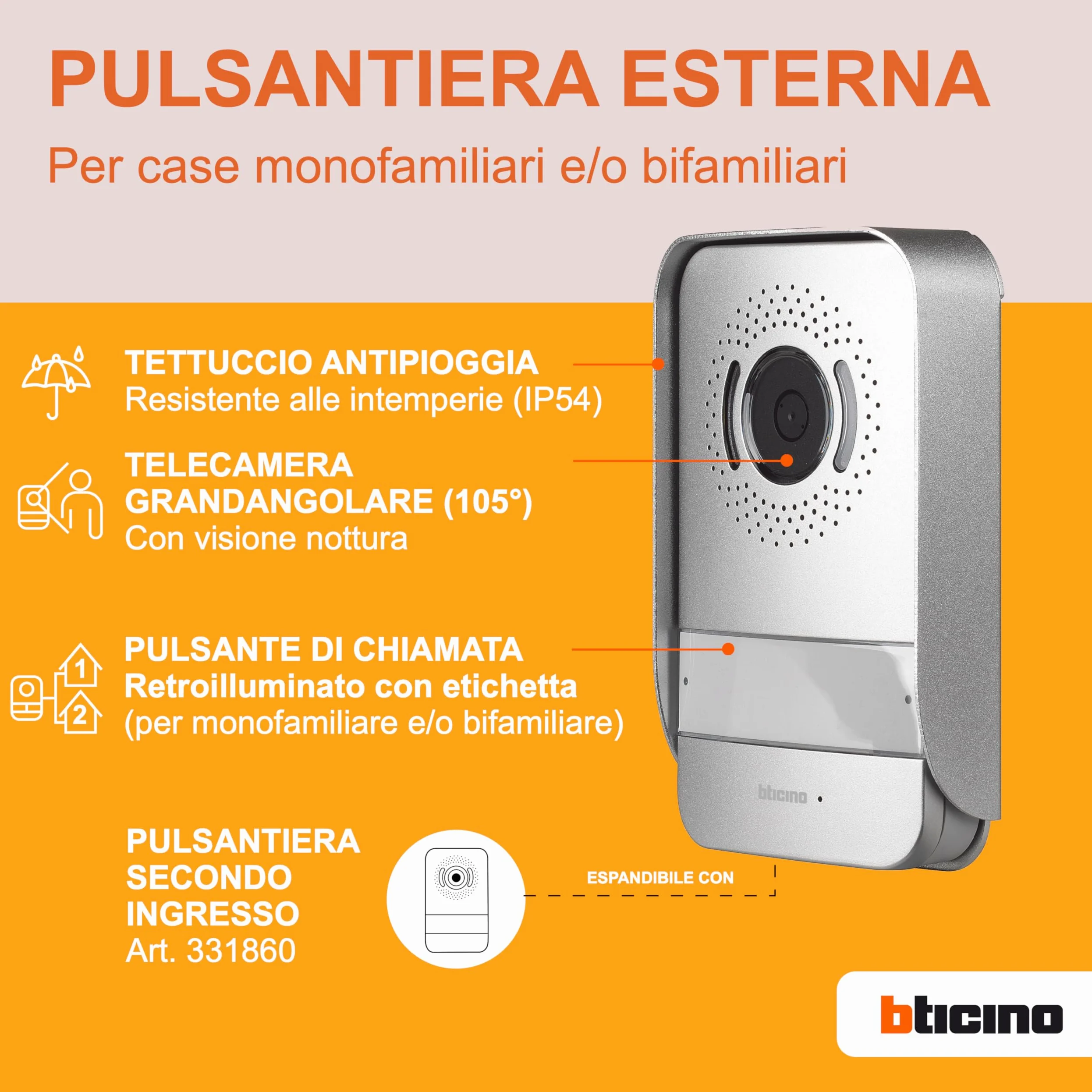 BTicino 331860 Posto Esterno Aggiuntivo per Kit Videocitofono 2 Fili, Metallo
