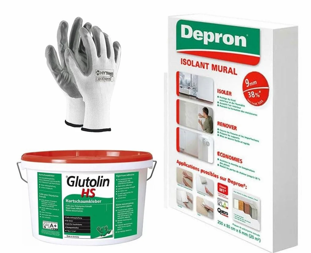 DEPRON Pannelli Isolanti 9 mm (125×80 cm) – Confezione 20 m² + Colla Glutolin 8 kg | Isolamento Termico e Acustico per Pareti e Soffitti | 1 paio di guanti in nitrile HYTAMA TOOLS