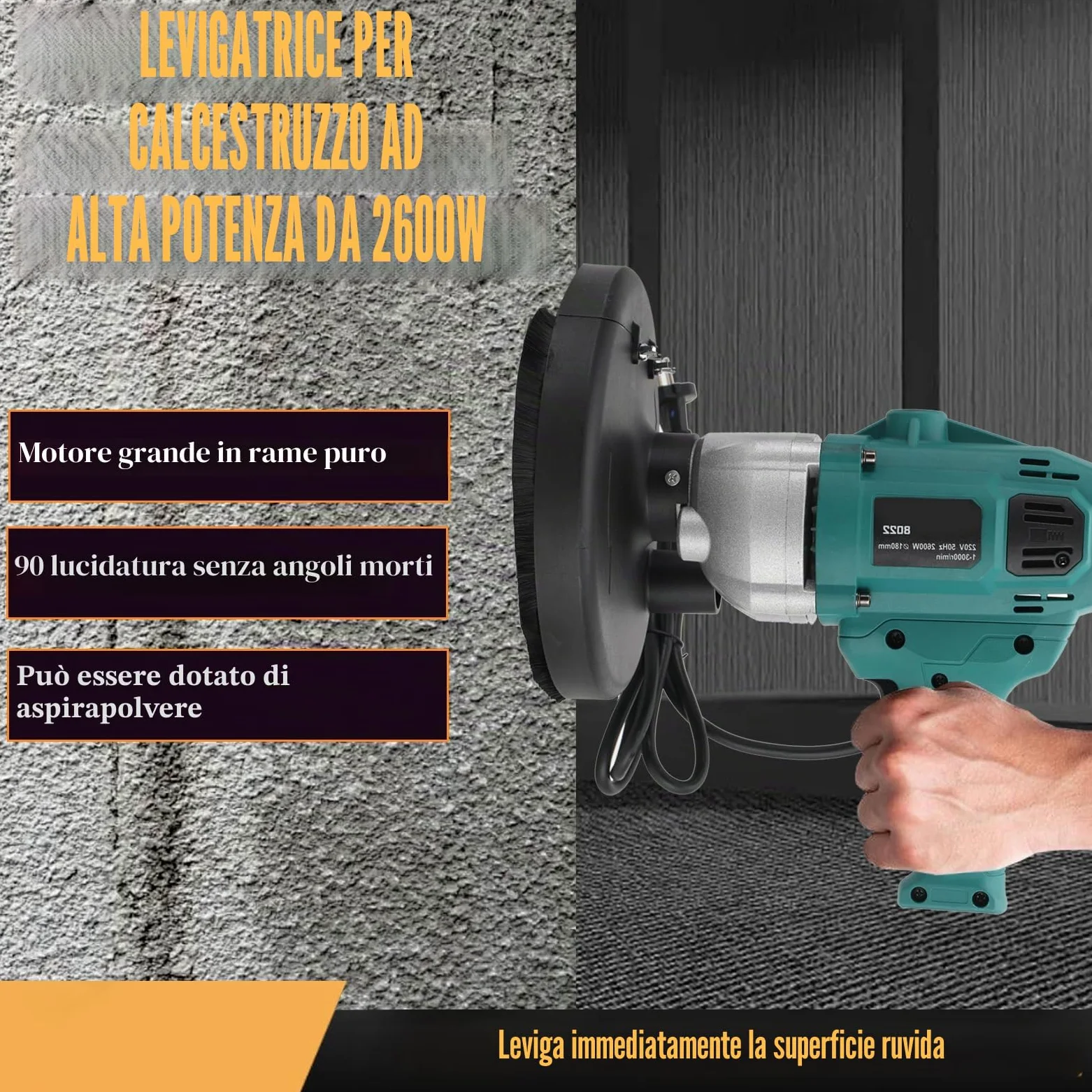 Smerigliatrice per cemento e calcestruzzo, 2600 W, 3000 giri/min, fresatrice e fresa per calcestruzzo, 180 mm, per lucidatura di pareti in cemento
