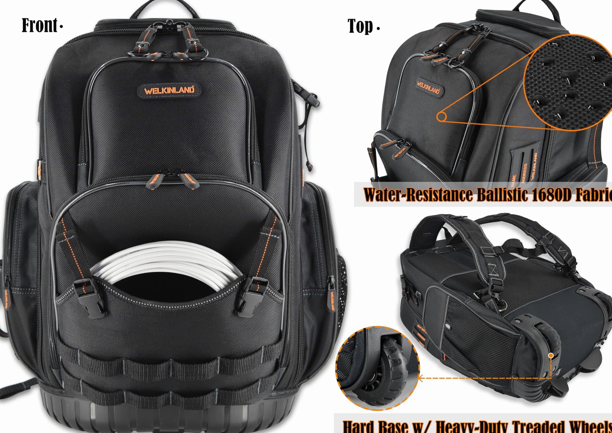 WELKINLAND Zaino porta attrezzi con 72 tasche e rotelle, Grande borsa porta attrezzi con ruote, Borsa porta attrezzi per elettricisti con rotelle per uomini