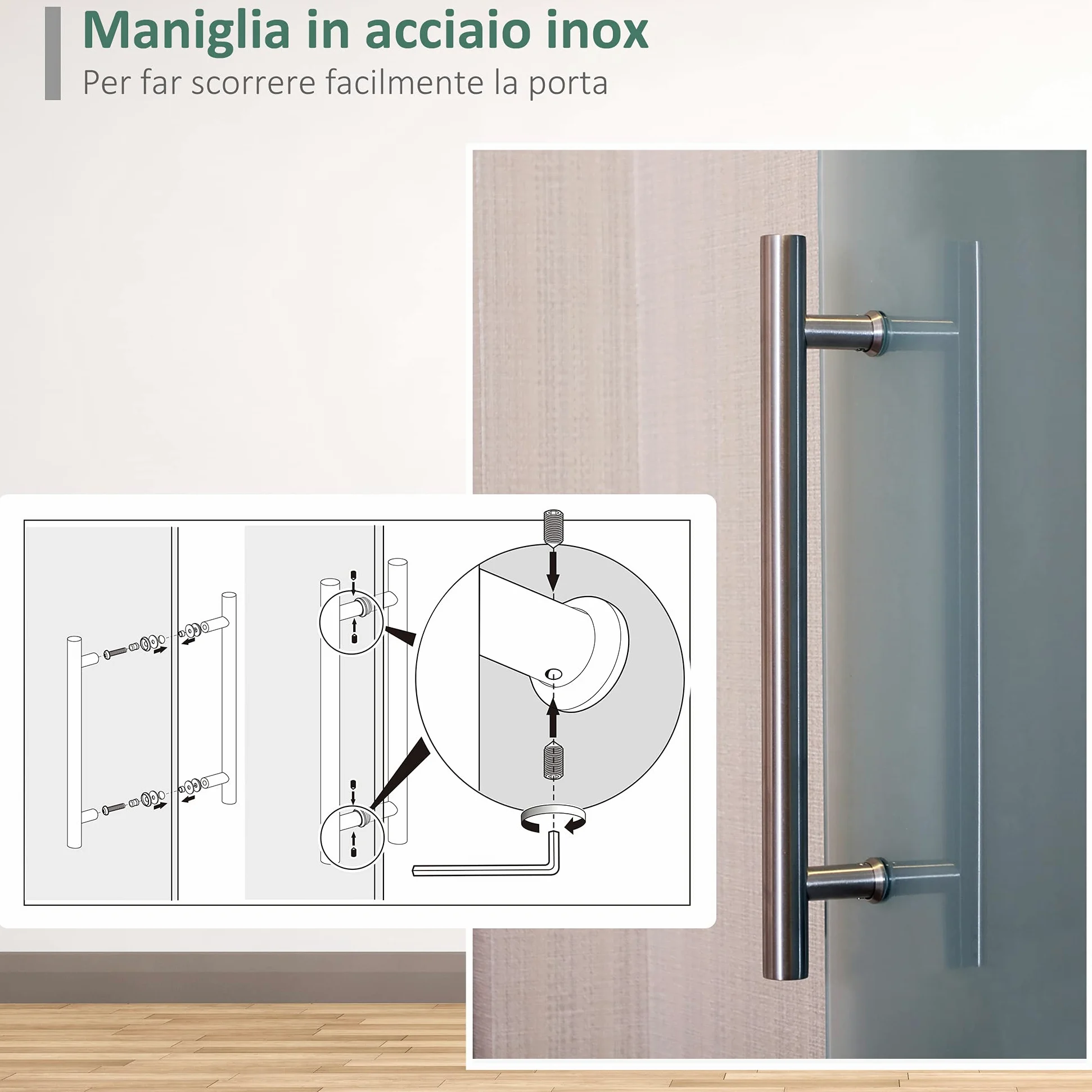 HOMCOM Porta Scorrevole Interna in Vetro Smerigliato con Binario e Maniglia per Bagno Cucina Studio 205 x 90 x 0.8cm