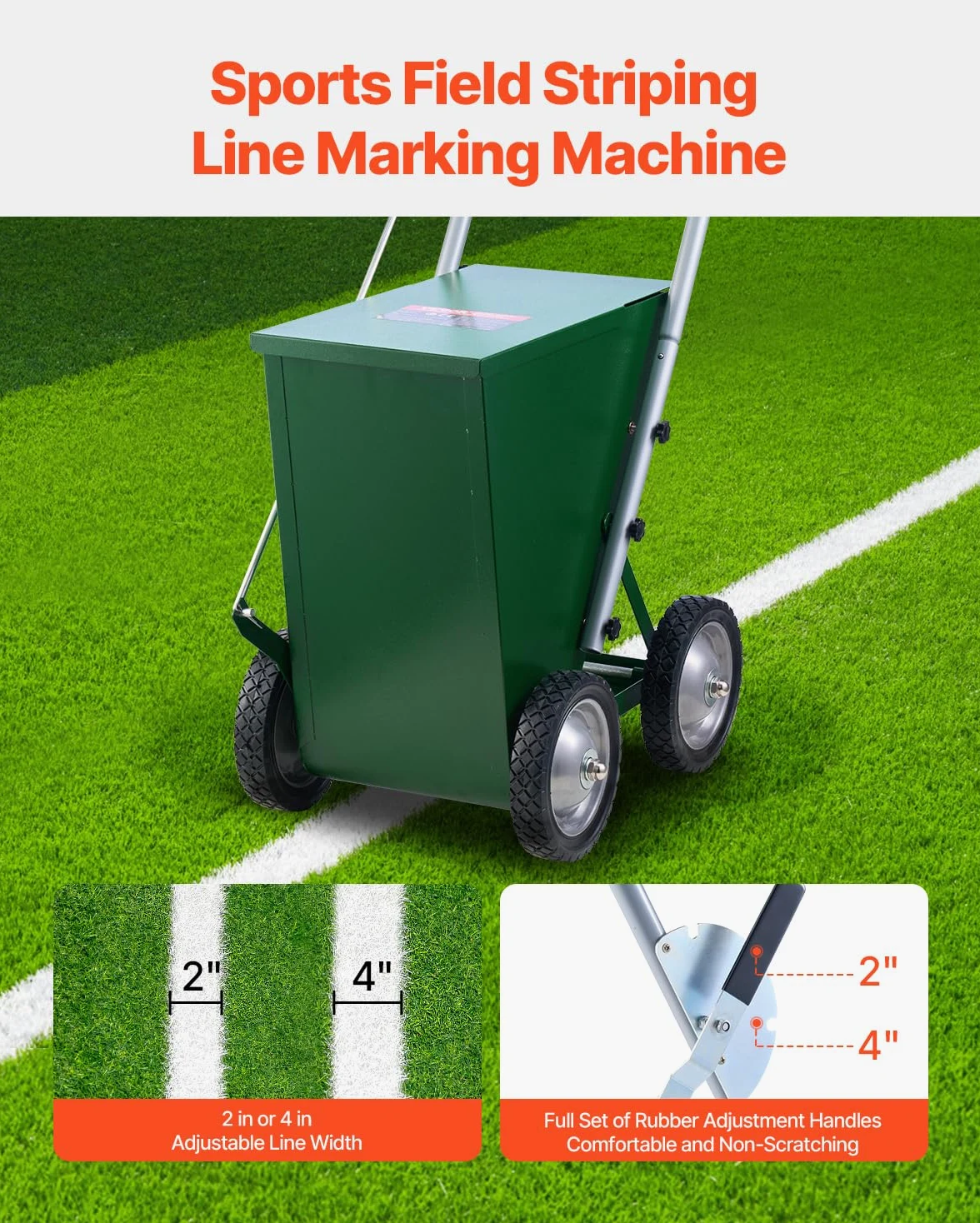 VEVOR Segnalinee a Secco per Campi da Gioco, 4 Ruote, Linee 50-100 mm, Segnalinee Regolabili, con Maniglia di Regolazione in Gomma, Capacità Polvere 22,7 kg, per Baseball Infield, Verde