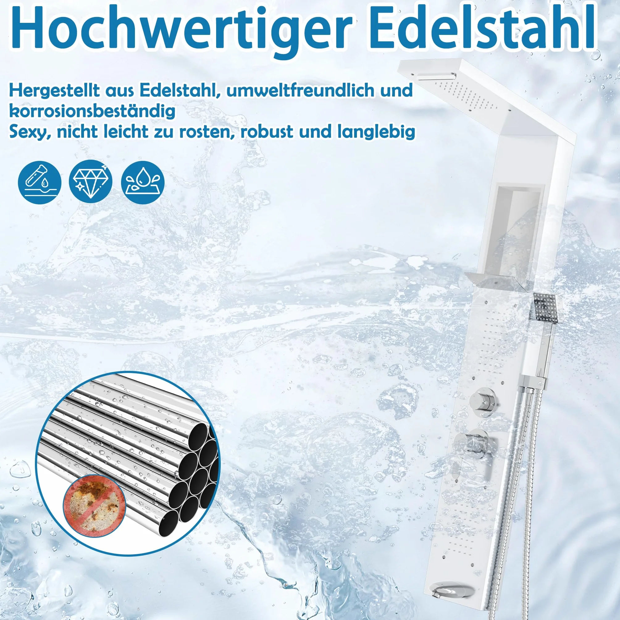 YUENFONG Pannello doccia 5 in 1 in acciaio inox, doccia multifunzione, con doccia a pioggia, cascata, massaggio alla schiena, doccetta, facile da montare a parete, bianco