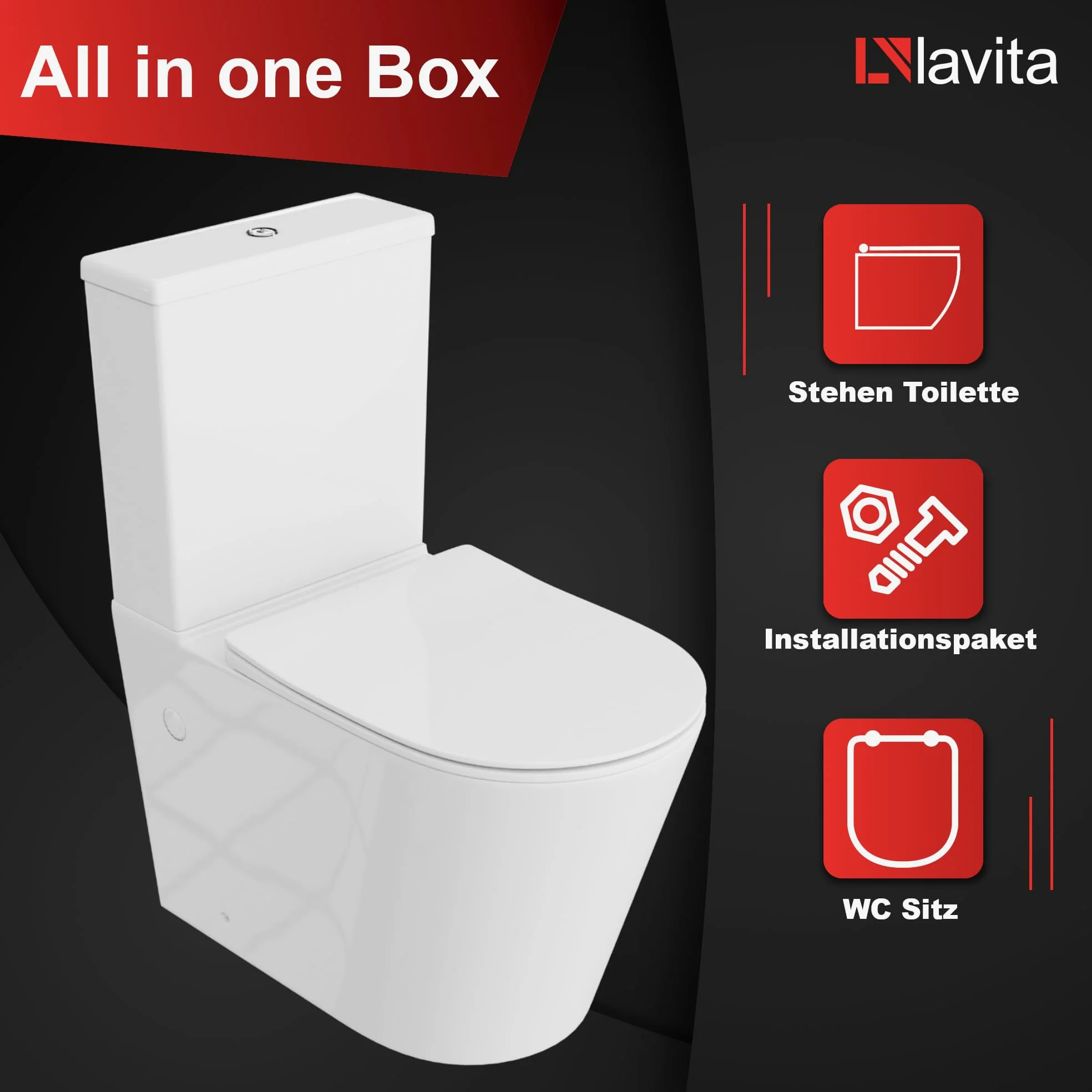 LAVITA WC monoblocco con cassetta di scarico integrata ANTON WHITE Set completo WC con coperchio con chiusura automatica WC in ceramica senza brida Sistema di scarico TORNADO