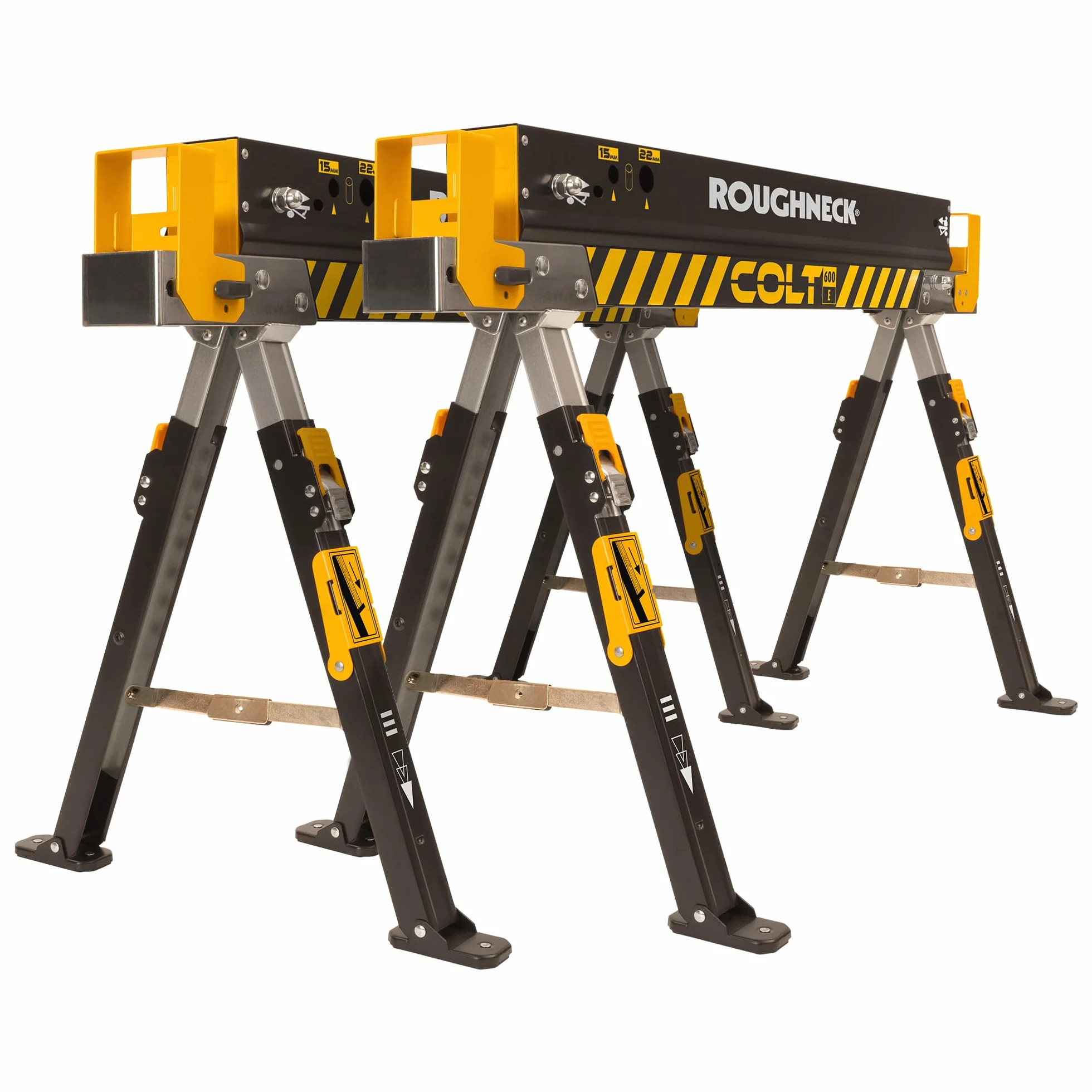 ROUGHNECK® COLT 600E Sawhorse, Heavy Duty Steel Construction, Weight-Baring Capacity 589kg each, 1178kg Per Pair with Height Adjustable Legs for Woodworking & Construction – 2 Pack