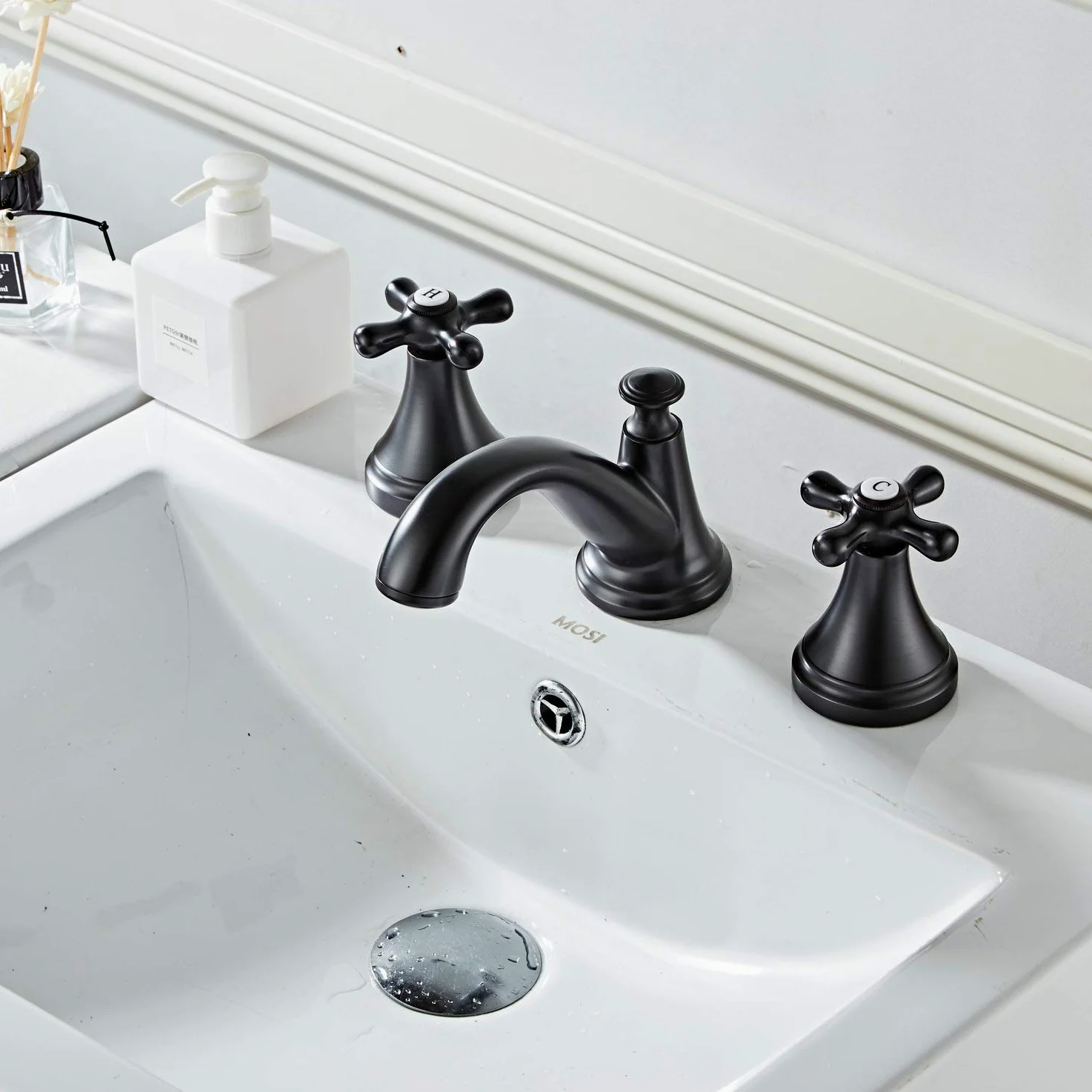 Rubinetto Bagno Lavabo Tre Fori Rubinetto Miscelatore, Nero Opaco