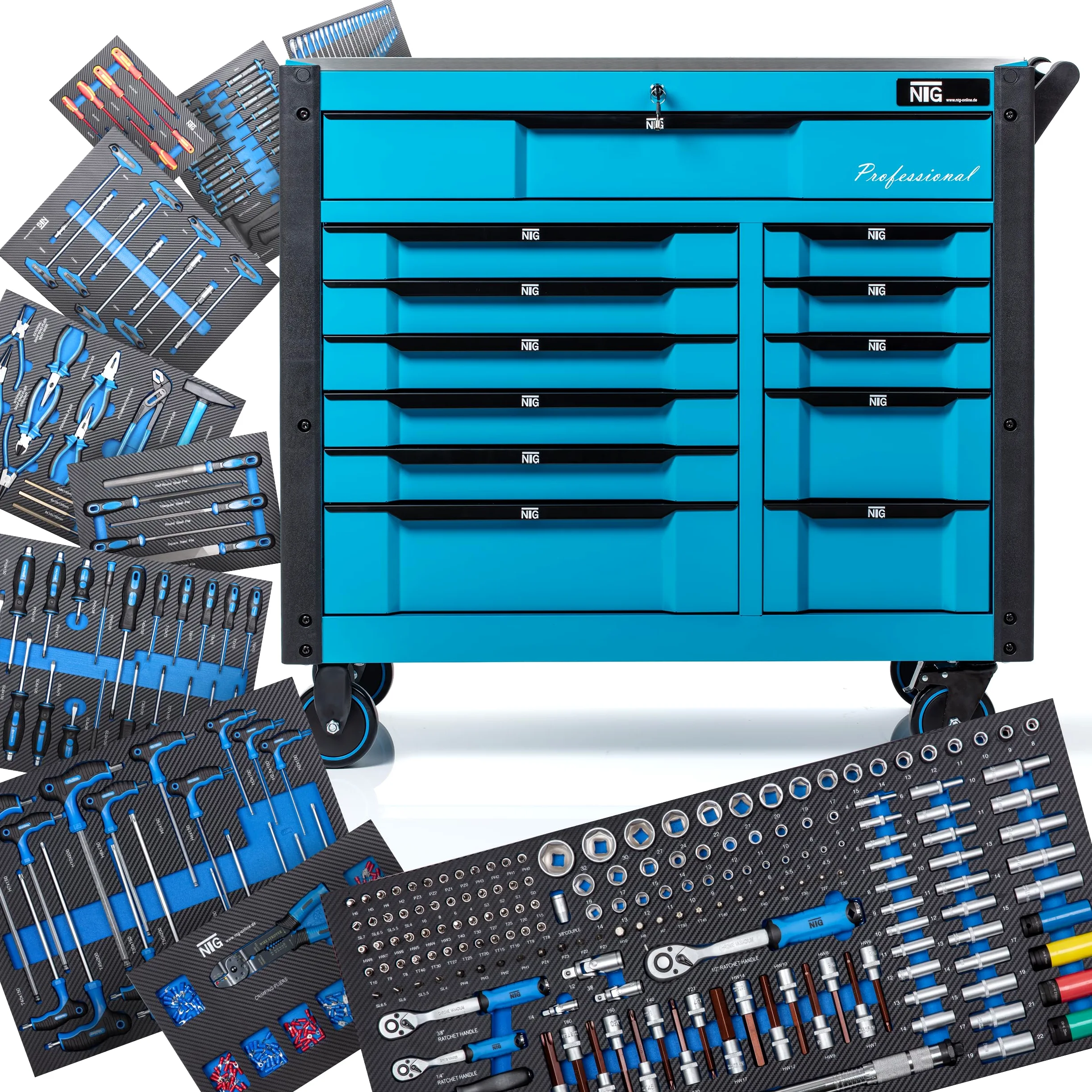 NTG Carrello portautensili XXL completo di utensili | 457 pezzi | +12 cassetti con serratura | 10 dei quali con utensili | Con inserti morbidi in carbon look | Carrello portautensili da officina