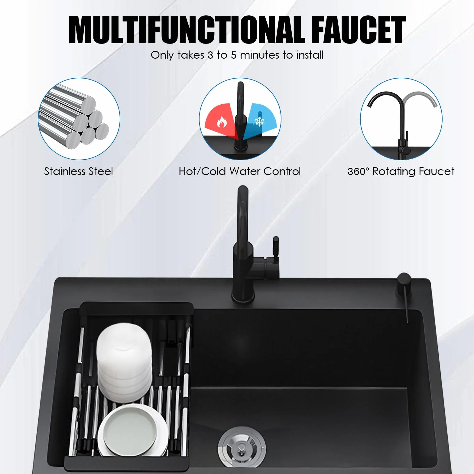 Lavabo Indipendente in Acciaio Inox con Rubinetto Estensibile e Tubi Dell'acqua Calda e Fredda, Lavello da Cucina con Armadio Contenitore e Scolapiatti per Esterni, Interni, 68 CM/80 CM