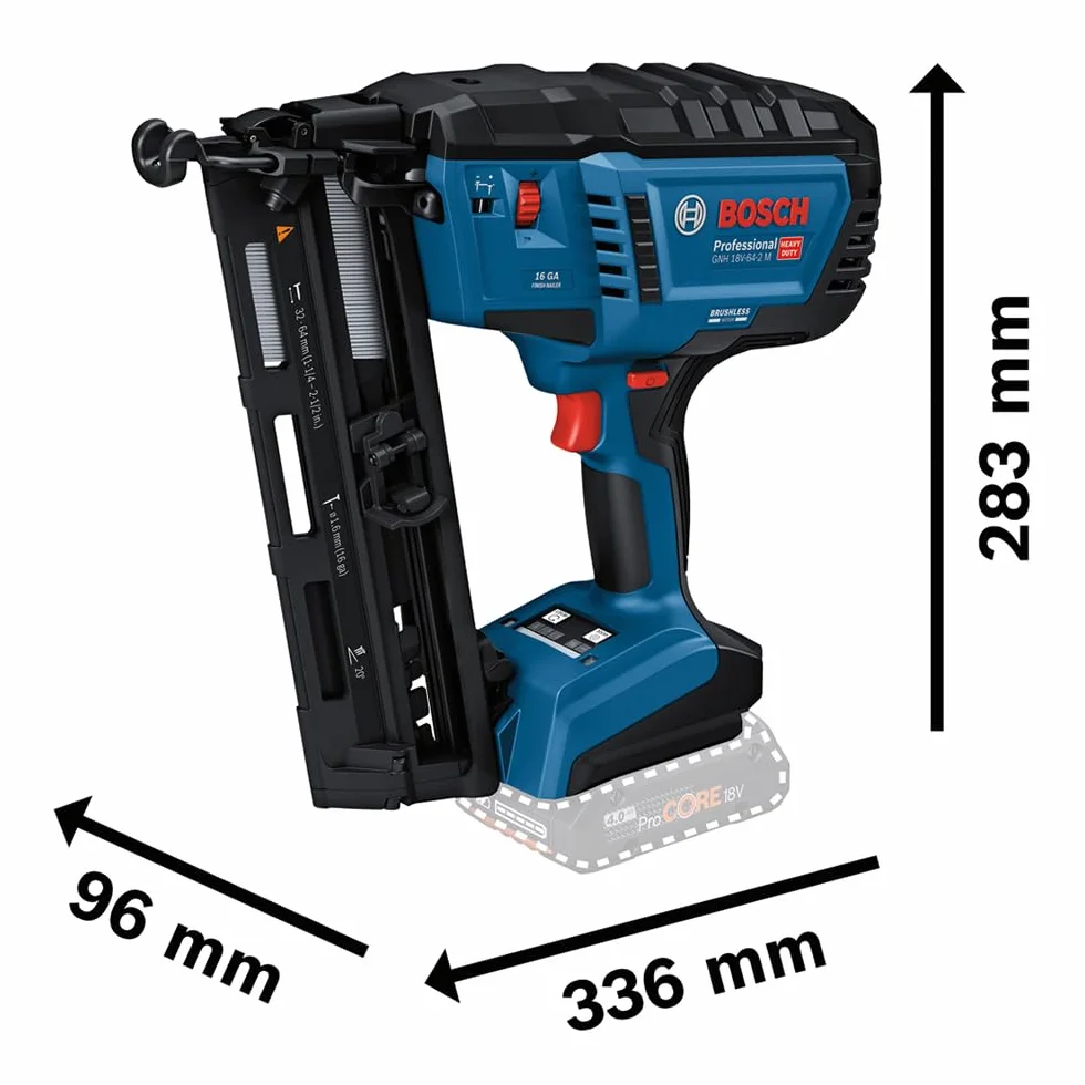 Bosch Professional 18V System Chiodatrice legno GNH 18V-64-2 M (azion.sing./a contatto,idonea per i seguenti chiodi: 32–64 mm, 16 GA (1,6 mm) e angolo caricatore da 20°, senza batt./caricabatt.)