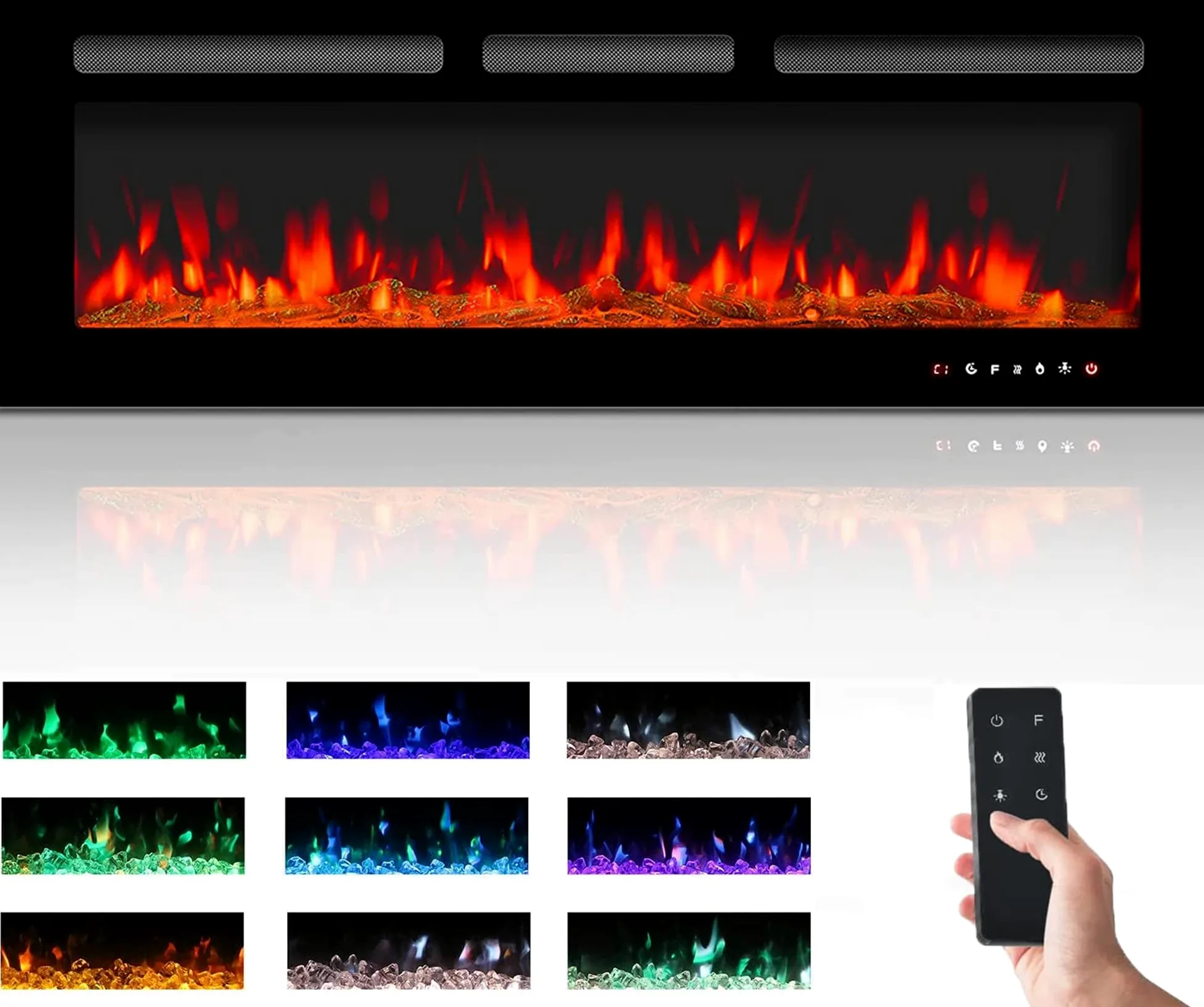 M.C.Haus Camino Elettrico Touch Screen Pannello in Vetro con Inserto a Fiamma Colorata Riscaldatore a Parete Telecomando con Crystal LogSet,900W/1800W (127 cm)