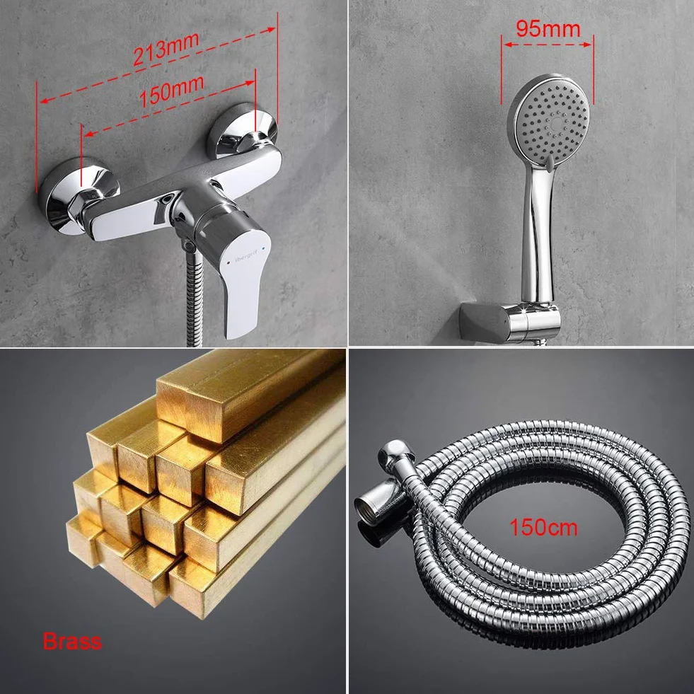 Ibergrif M12057 Miscelatore doccia con soffione, sistema doccia a parete con supporto regolabile e flessibile 150 cm