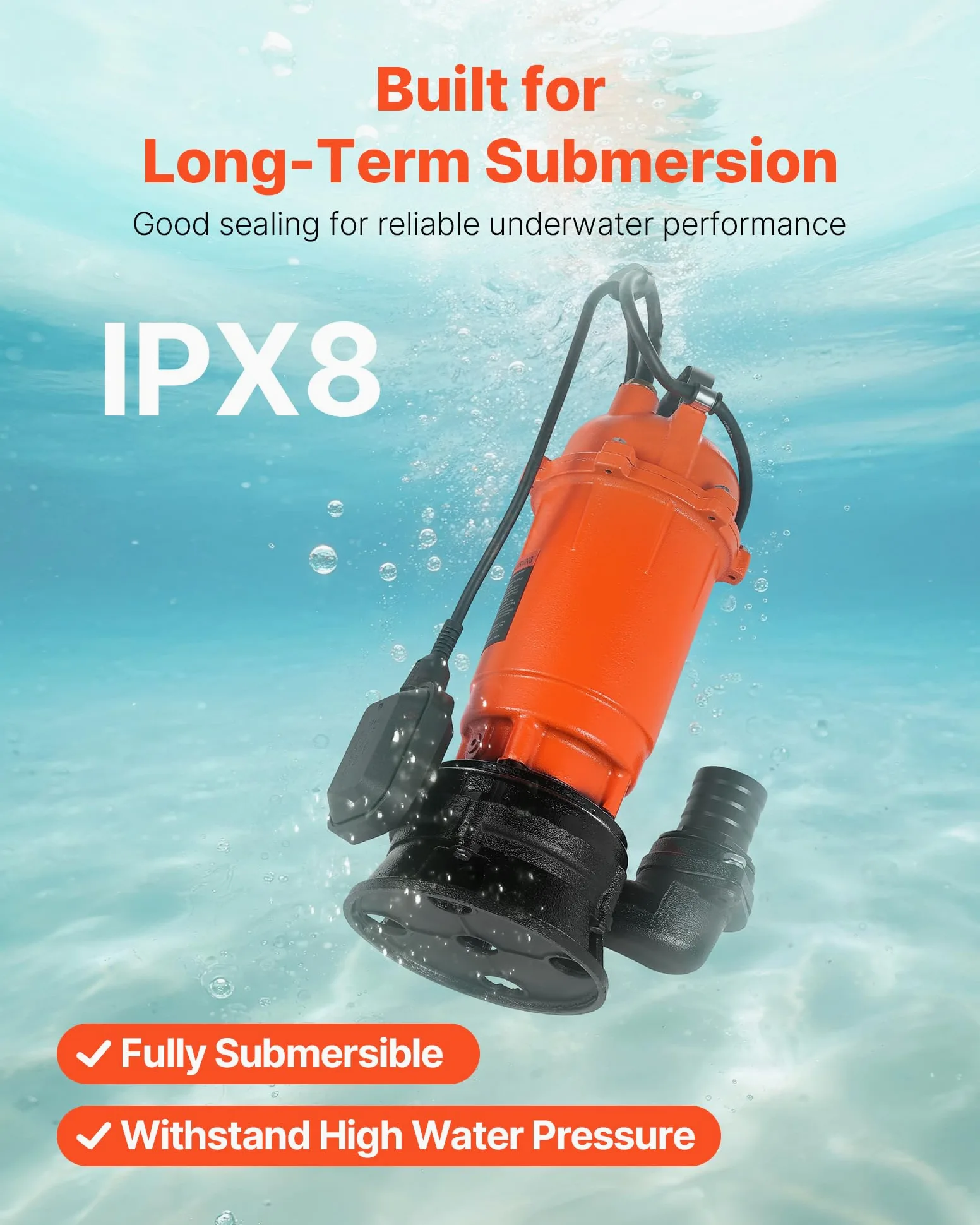 VEVOR Pompa Sommergibile per Acqua Sporca da 1500 W, 22800 L/H, in Ghisa con Interruttore a Galleggiante Automatico, Sollevamento Massimo 18 m, Scarico di Acqua Pulita, per Piscine, Giardino