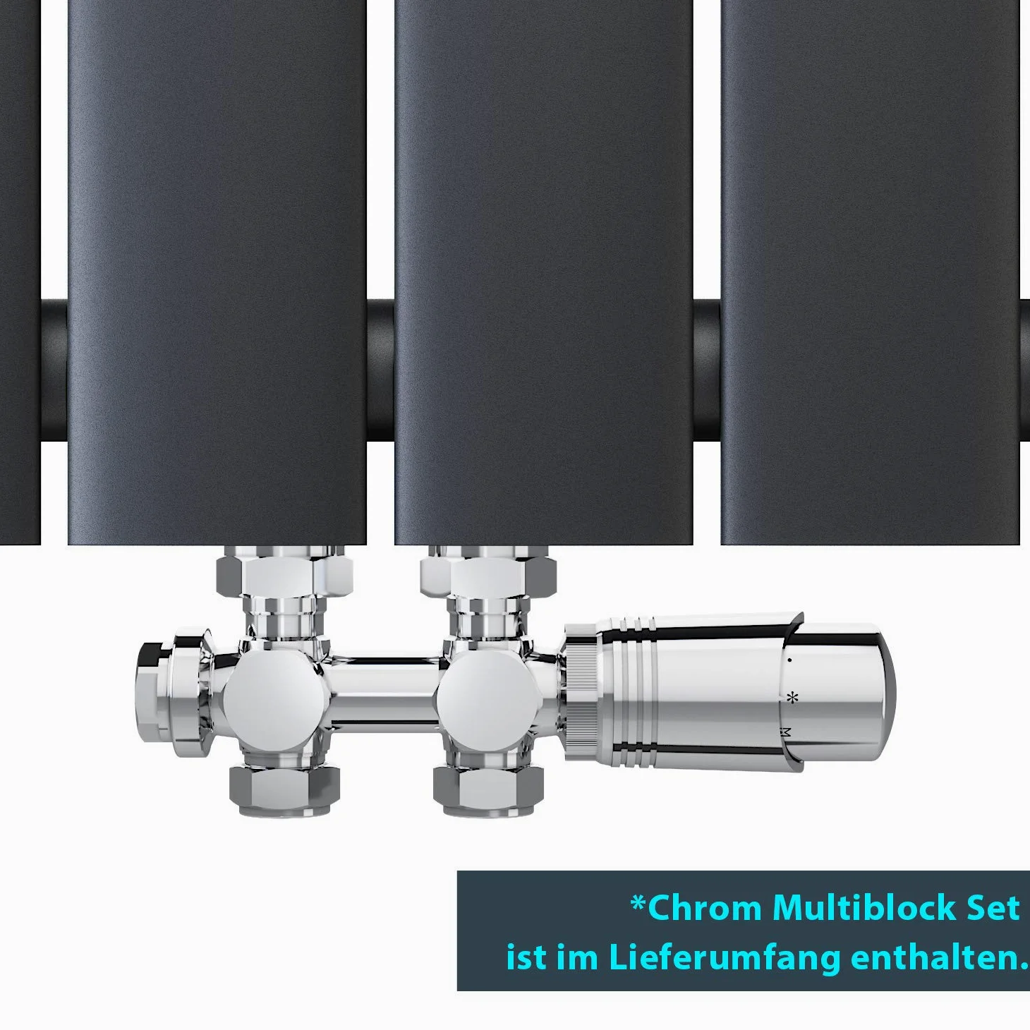 ELEGANTE Termoarredo Design Flat 1600 x 462 mm con Termostato Multiblocco Cromato, Radiatore Piatto Singolo Strato Verticale Attacco Centrale