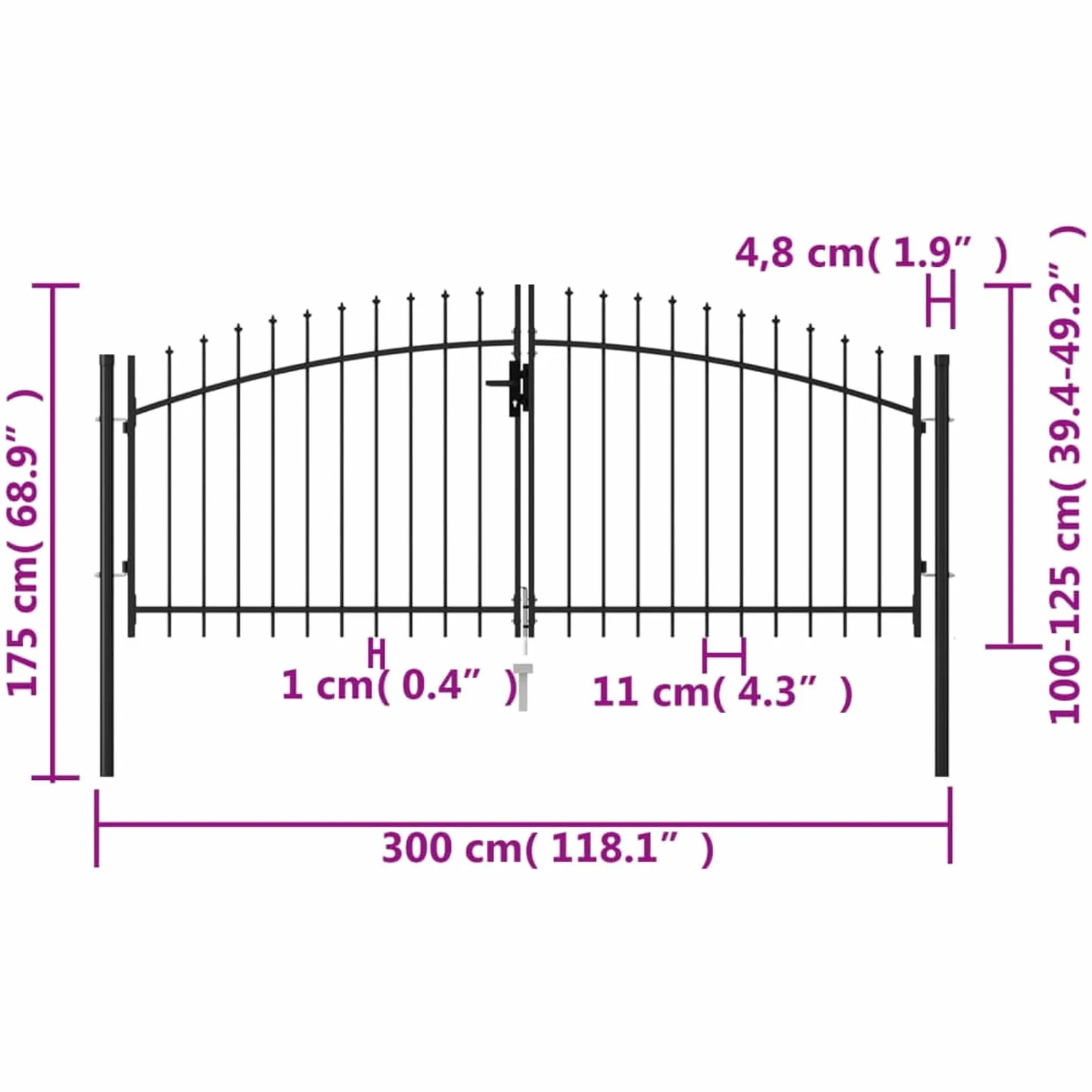IKAYAA Cancello Doppio con Punte a Lancia Cancello per Recinzione a Doppia Anta Cancello da Giardino per Recinzione con Manico, Serratura e 3 Chiavi in Acciaio zincato-300 x 125 cm