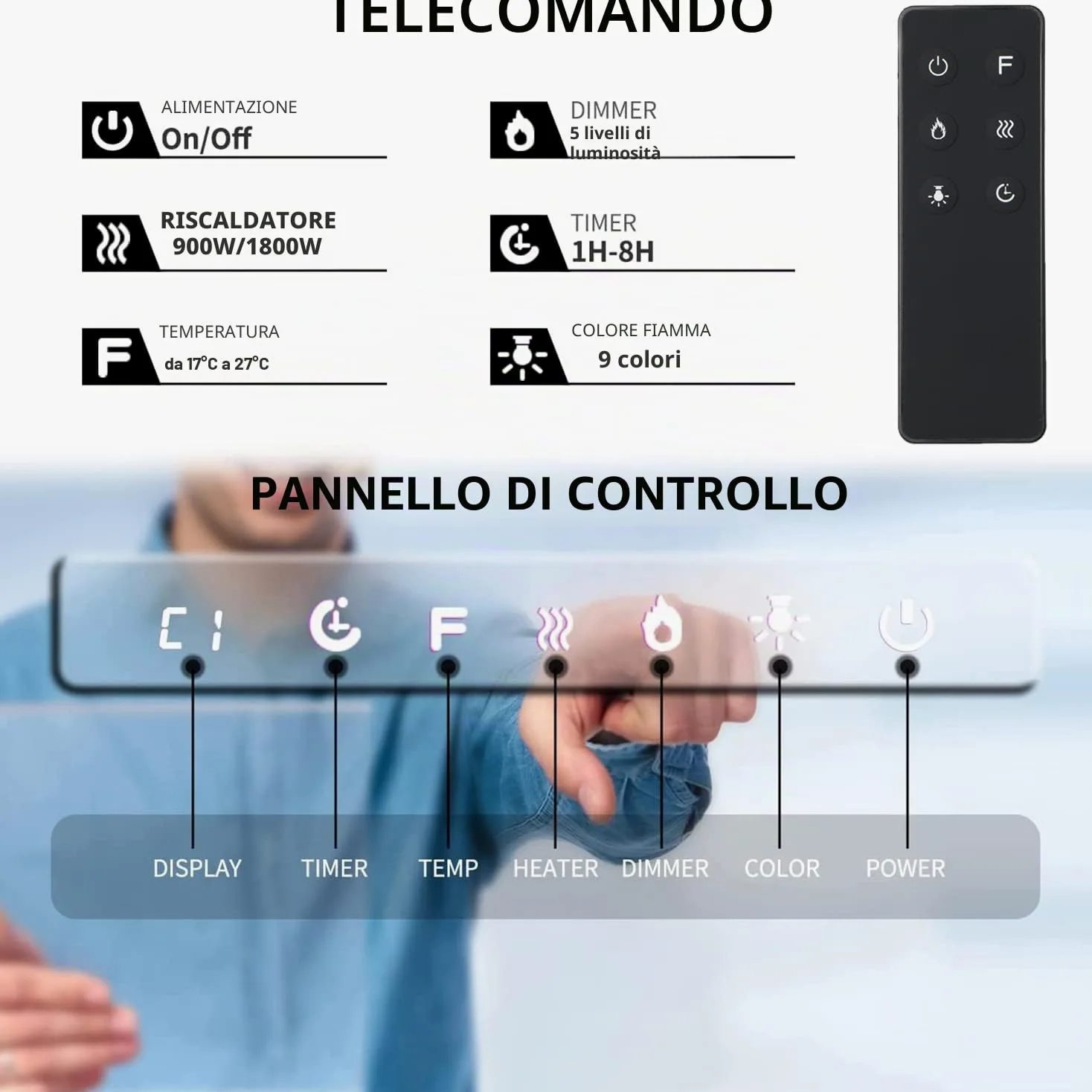 M.C.Haus Camino Elettrico Touch Screen Pannello in Vetro con Inserto a Fiamma Colorata Riscaldatore a Parete Telecomando con Crystal LogSet,900W/1800W (127 cm)