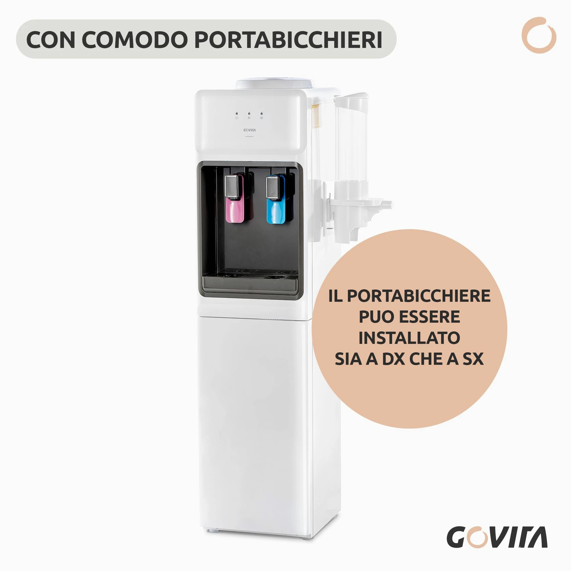 GOVITA - Dispenser Acqua a Colonnina a Boccione 18L – Erogatore Acqua Fredda Calda e Ambiente con Compressore – Distributore Acqua Refrigerata per Casa e Ufficio - con portabicchieri