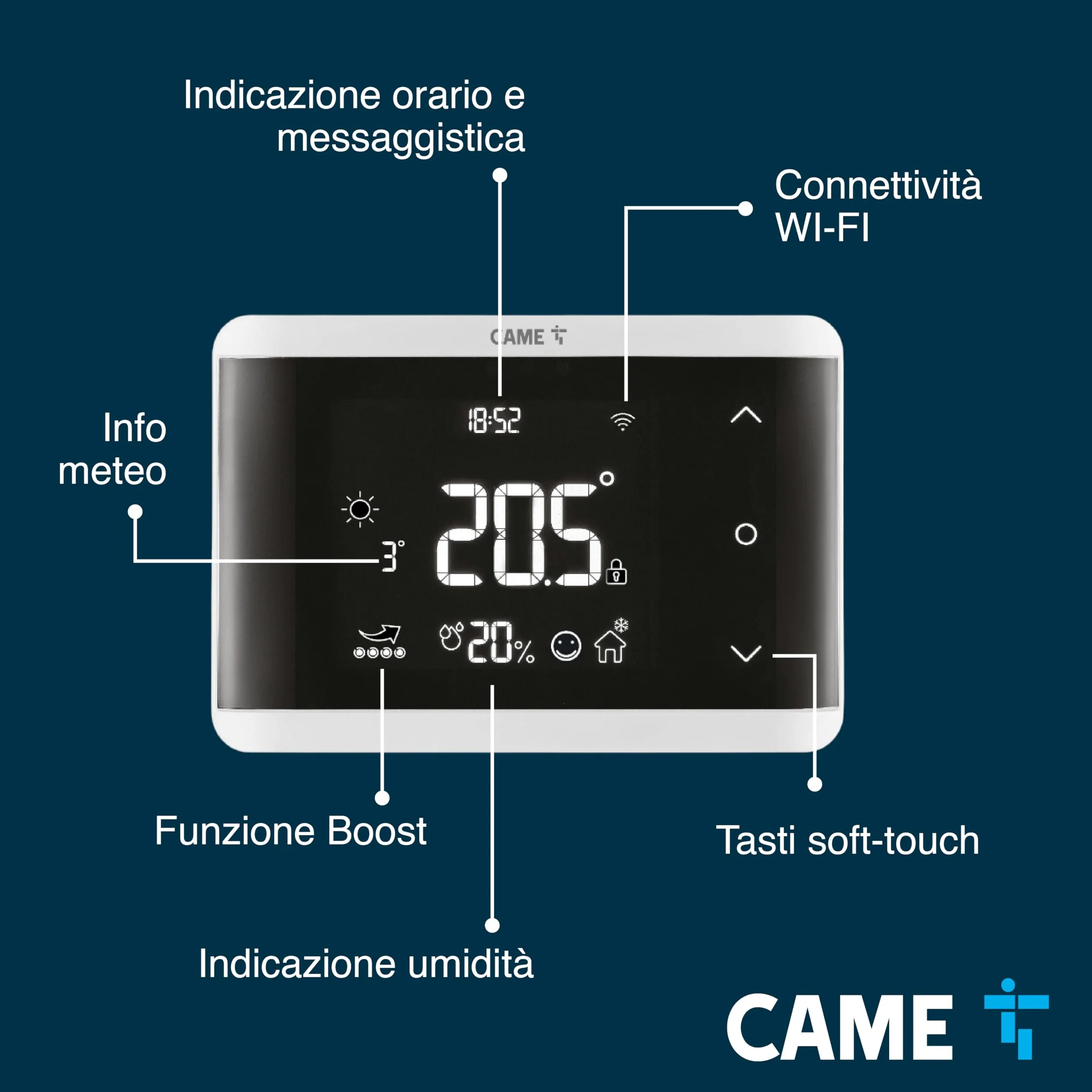 CAME Cronotermostato TH/750 Digitale Wi-Fi da Parete, Doppio Relè per Riscaldamento e Climatizzazione, Compatibile con Alexa e Google, Alimentazione 230 V AC, Bianco