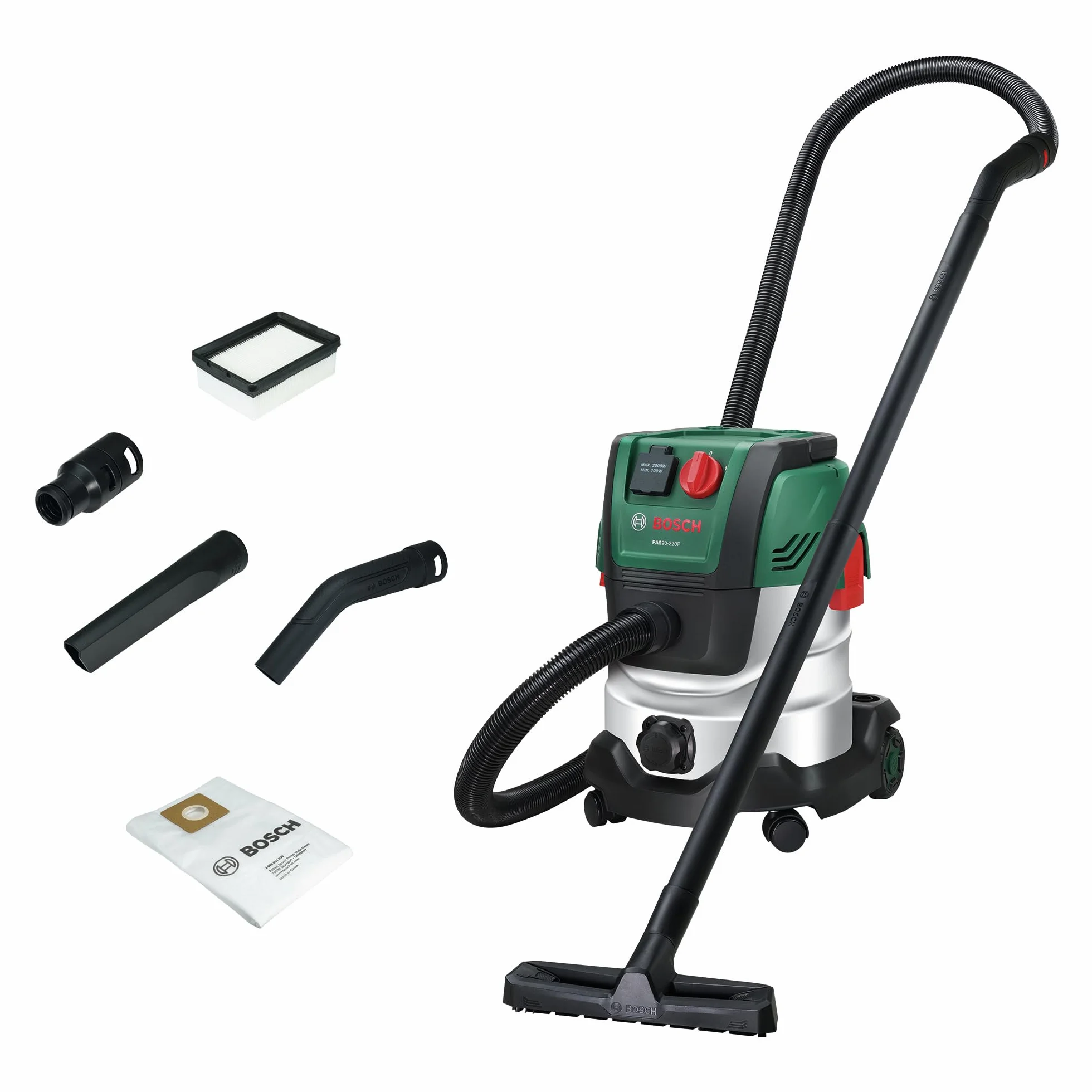 Bosch Aspirapolvere a filo PAS20-220P (Tubi di prolunga, tubo di aspirazione 2,2 m, tubo a gomito/impugnatura, bocchette, borsa in tessuto (Uni), filtro plissettato piatto, UniversalAdapter)